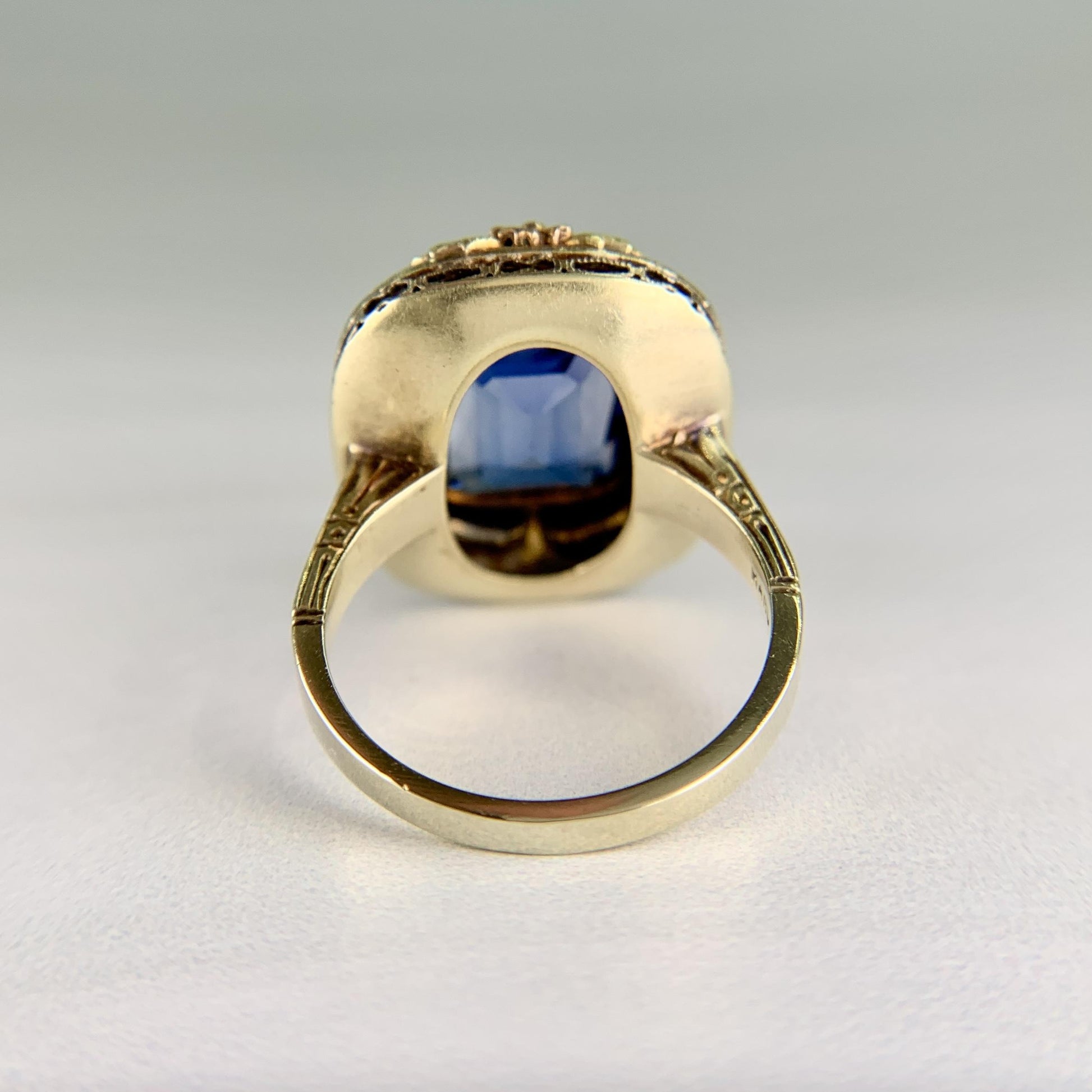 Vintage Art Deco Lab Grown Sapphire and Enamel Ring 14k Gold