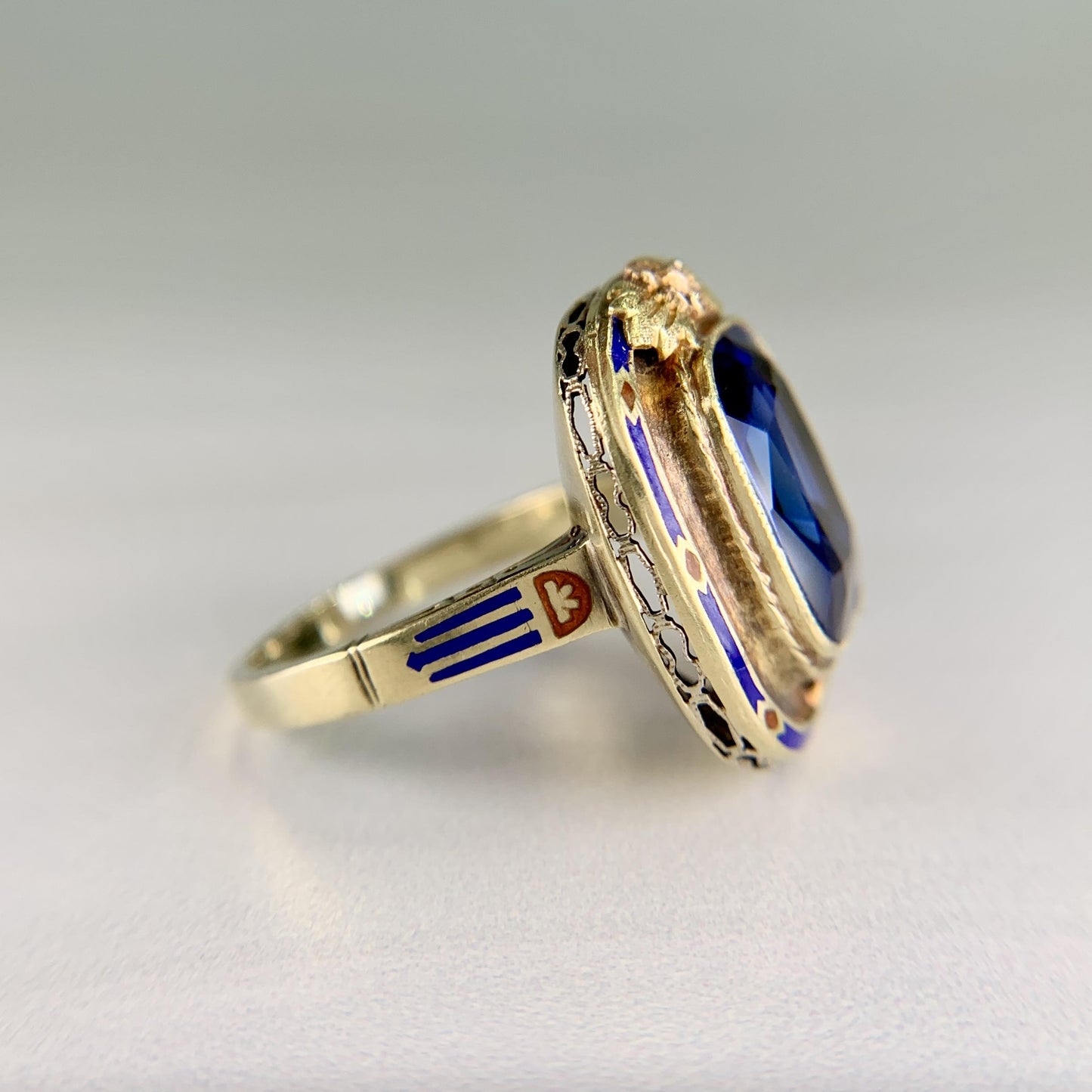 Vintage Art Deco Lab Grown Sapphire and Enamel Ring 14k Gold