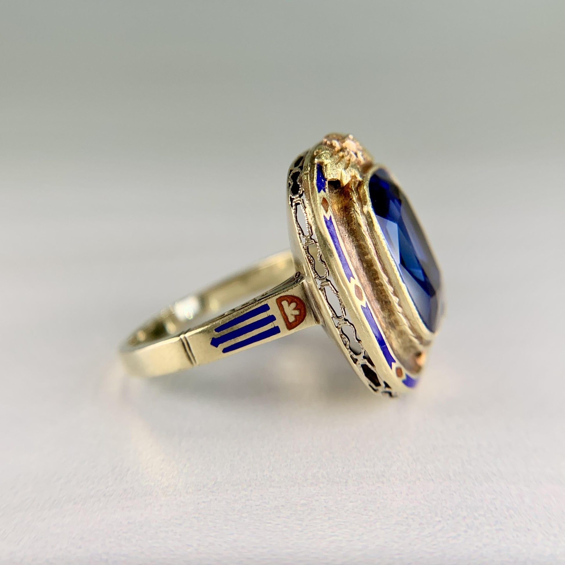 Vintage Art Deco Lab Grown Sapphire and Enamel Ring 14k Gold