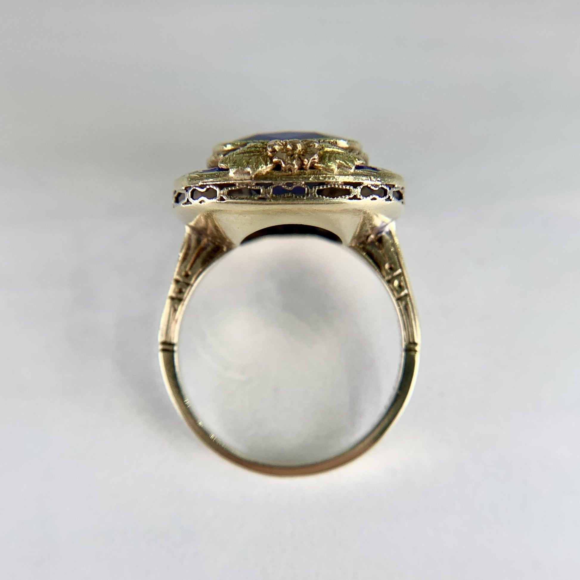 Vintage Art Deco Lab Grown Sapphire and Enamel Ring 14k Gold