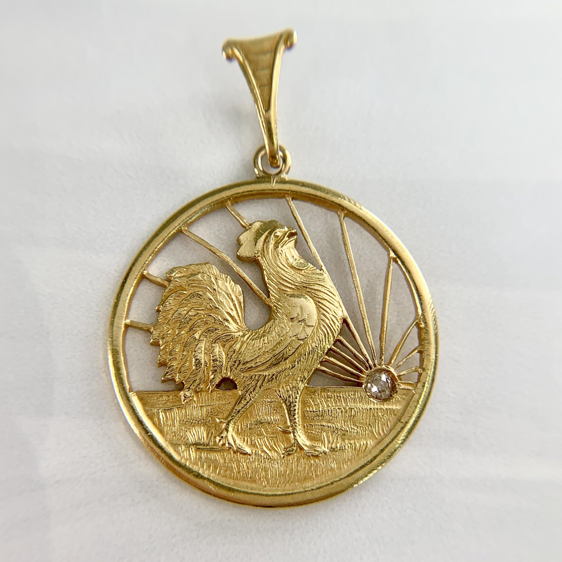Antique Rooster at Sunrise Diamond Pendant 18k Yellow Gold