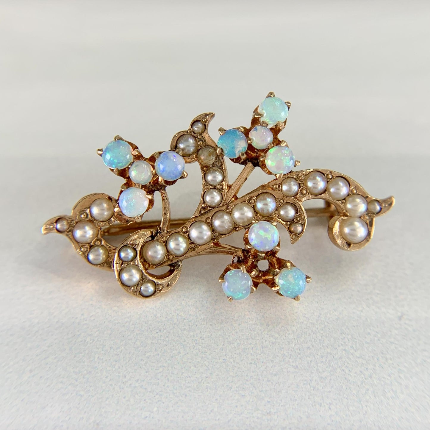 Antique Victorian Opal and Seed Pearl Brooch 10-12k Yellow Gold