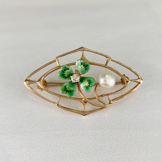 Edwardian Antique Four-Leaf Clover and Seed Pearl Old Mine Diamond Brooch 10k