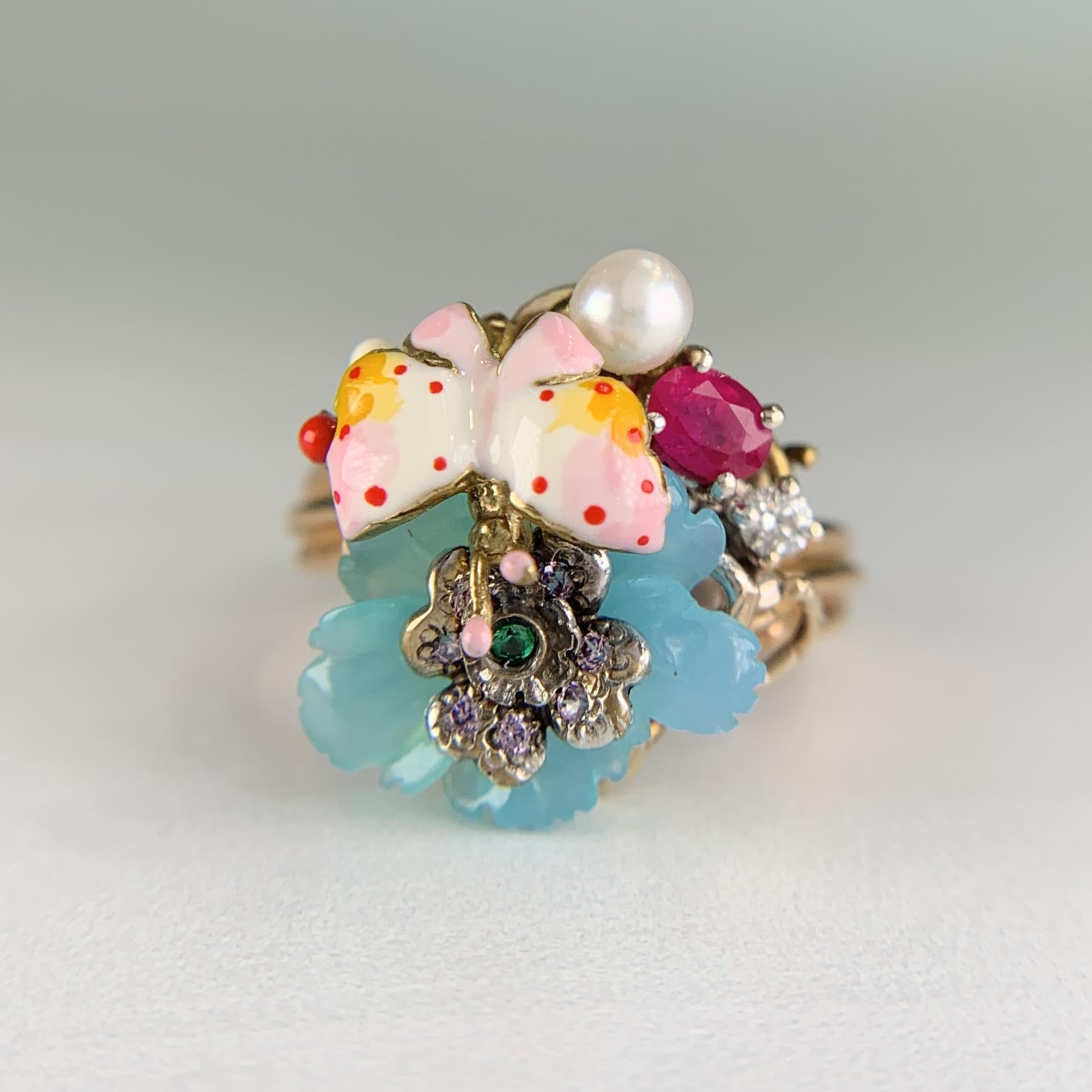 Santagostino Whimsical Floral Butterfly Gemstone Ring 18k Rose Gold