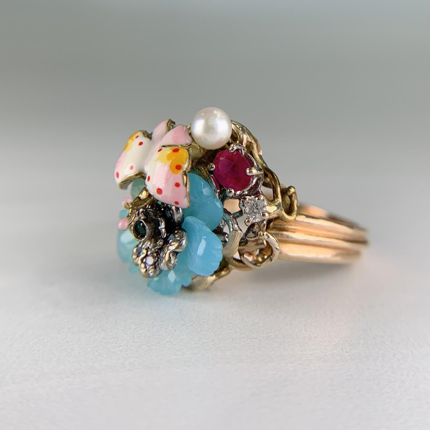 Santagostino Whimsical Floral Butterfly Gemstone Ring 18k Rose Gold