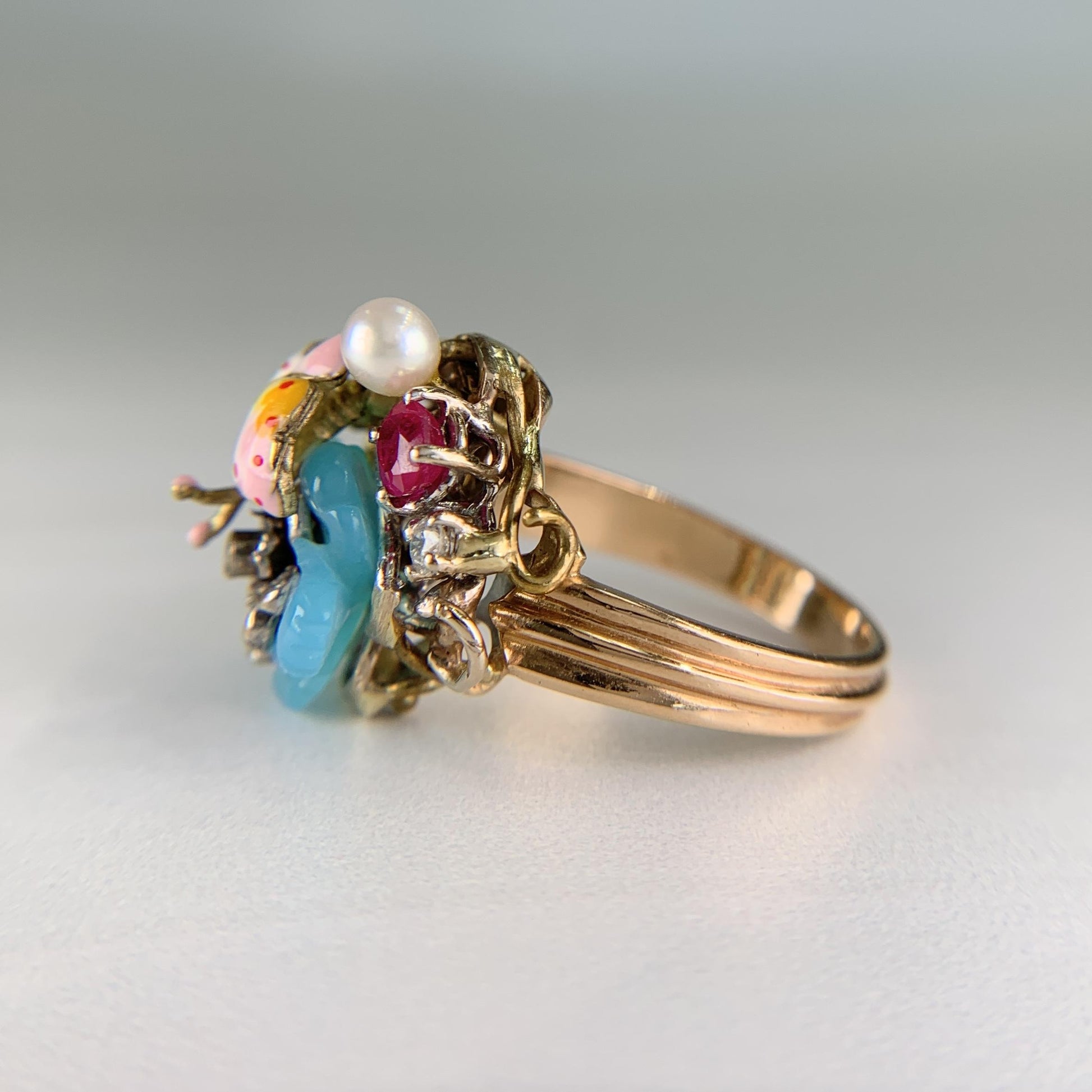 Santagostino Whimsical Floral Butterfly Gemstone Ring 18k Rose Gold