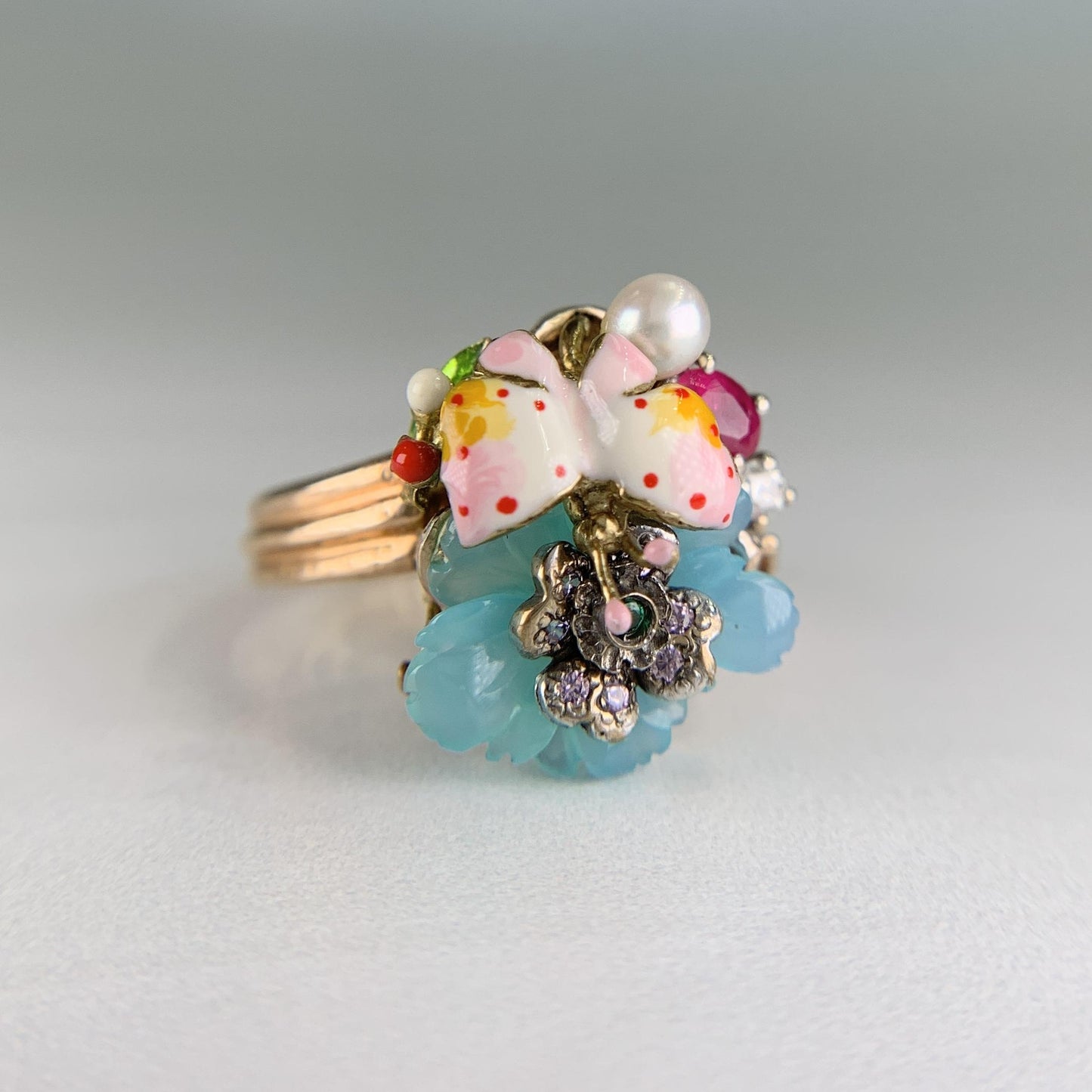 Santagostino Whimsical Floral Butterfly Gemstone Ring 18k Rose Gold