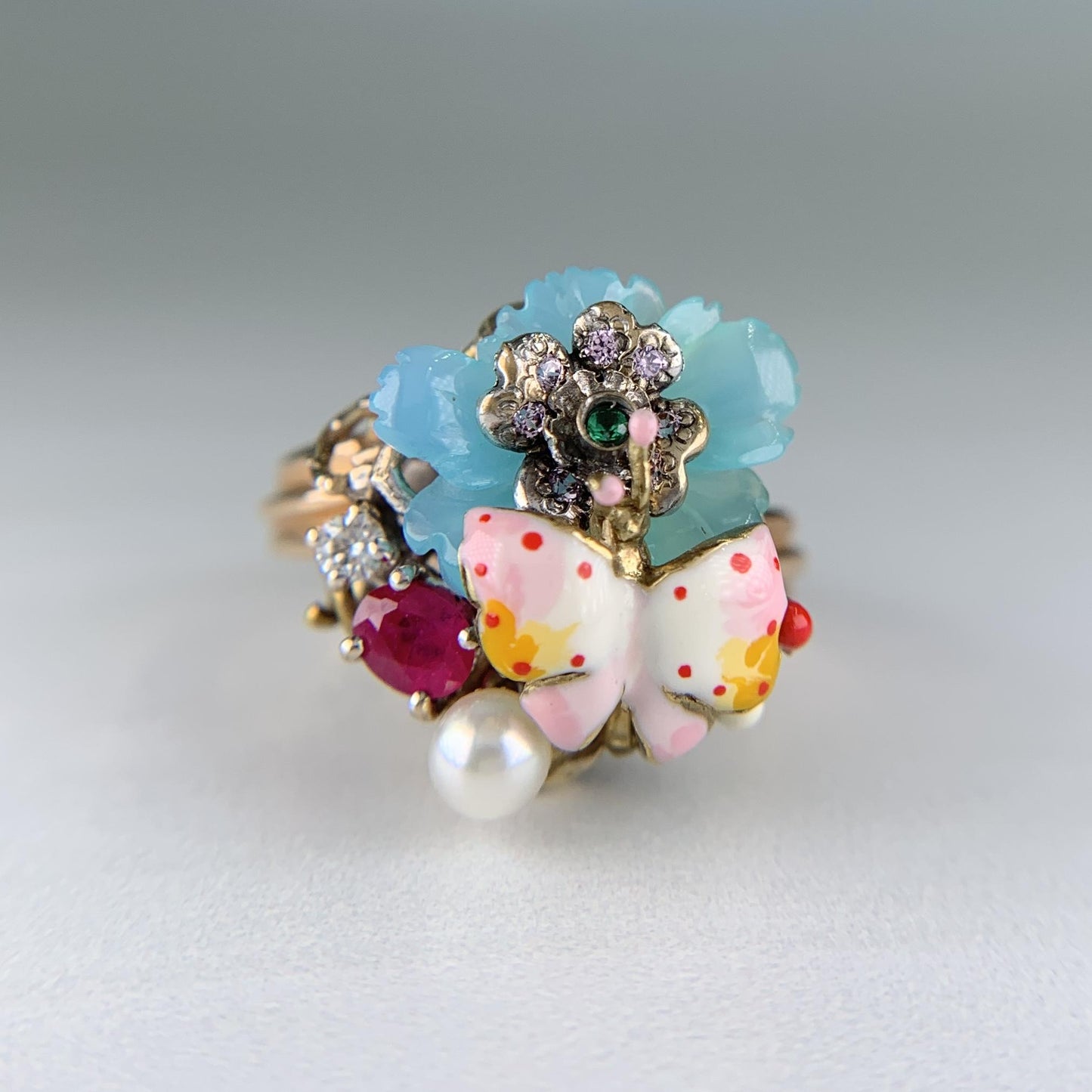 Santagostino Whimsical Floral Butterfly Gemstone Ring 18k Rose Gold