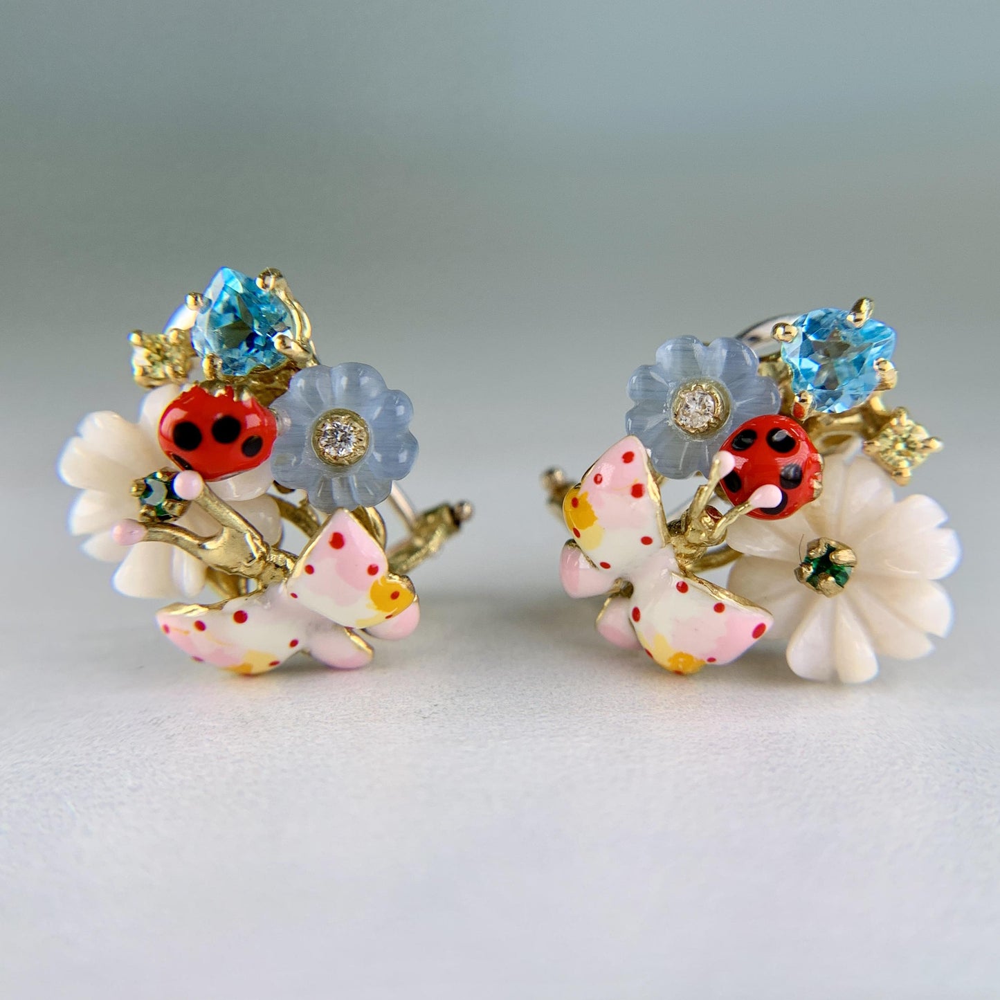 Santagostino Whimsical Floral Butterfly Gemstone Earrings 18k Gold