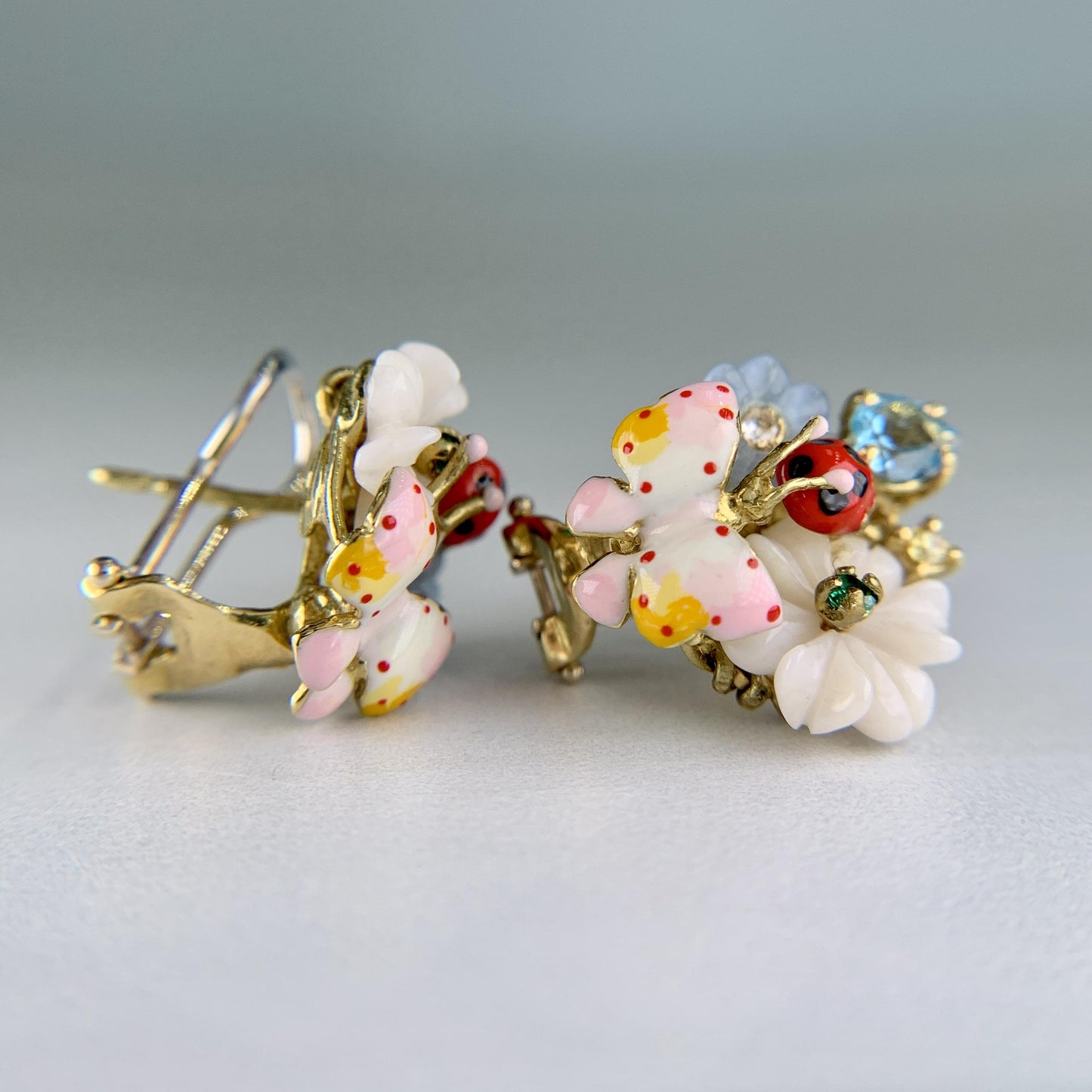 Santagostino Whimsical Floral Butterfly Gemstone Earrings 18k Gold
