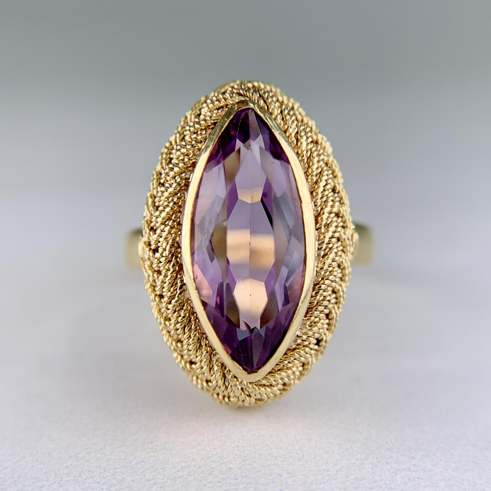 Vintage Italian Marquise Amethyst Navette Ring 18k Yellow Gold