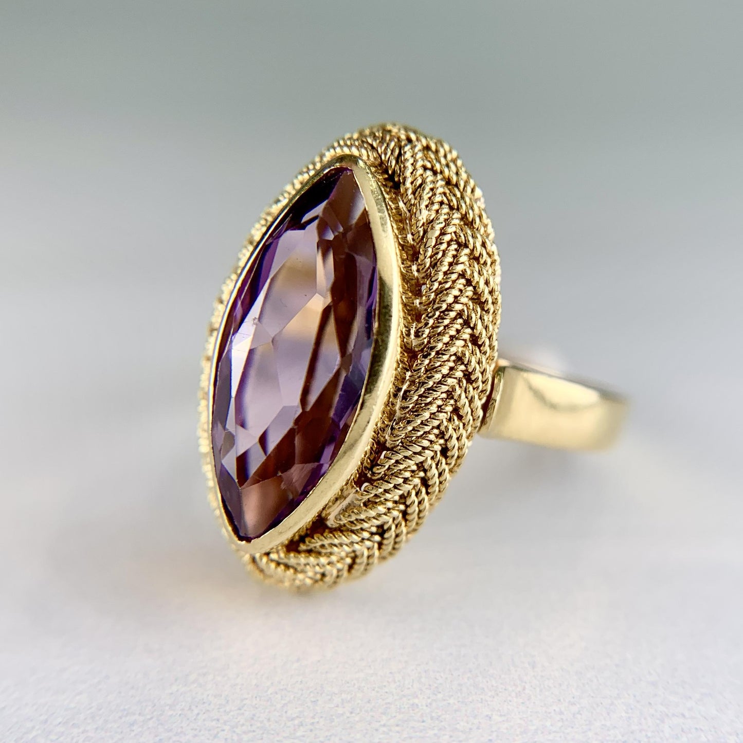 Vintage Italian Marquise Amethyst Navette Ring 18k Yellow Gold
