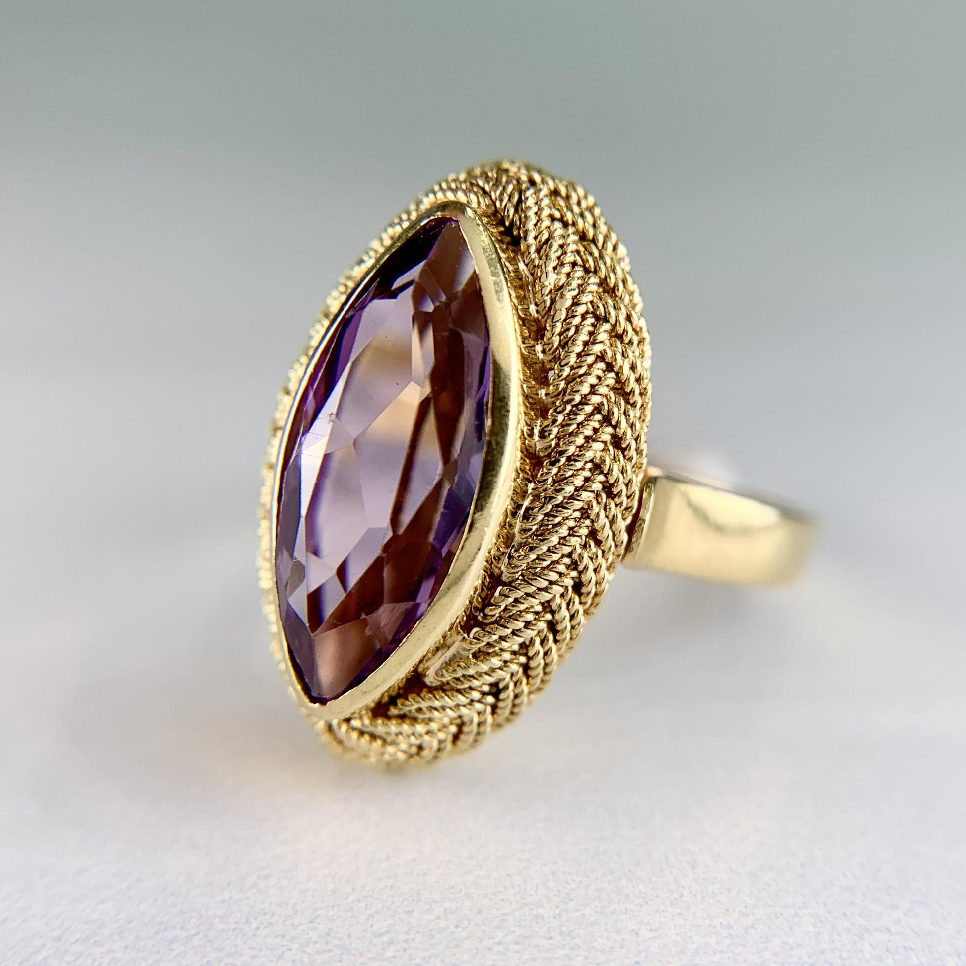 Vintage Italian Marquise Amethyst Navette Ring 18k Yellow Gold