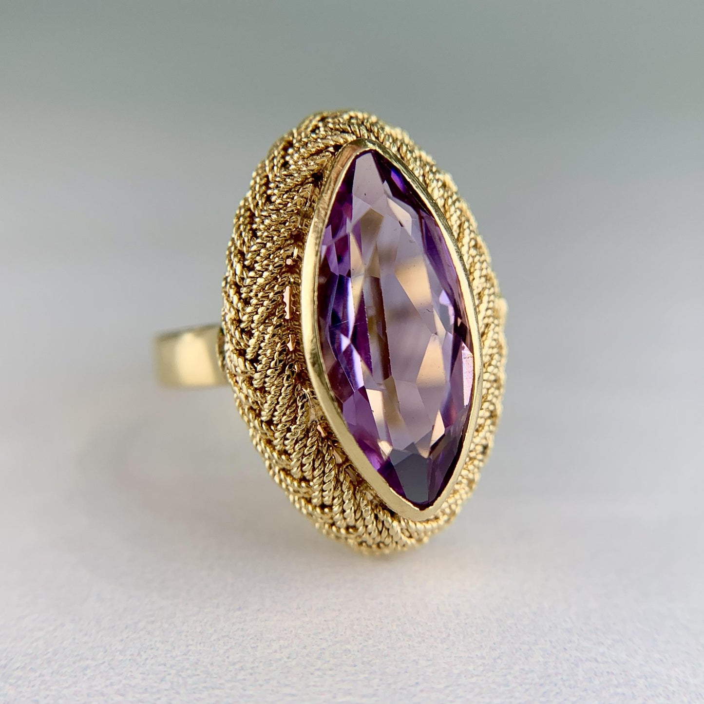 Vintage Italian Marquise Amethyst Navette Ring 18k Yellow Gold
