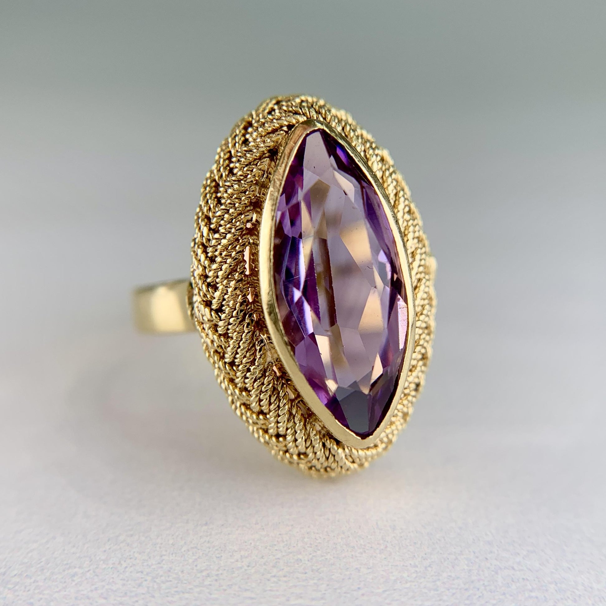 Vintage Italian Marquise Amethyst Navette Ring 18k Yellow Gold