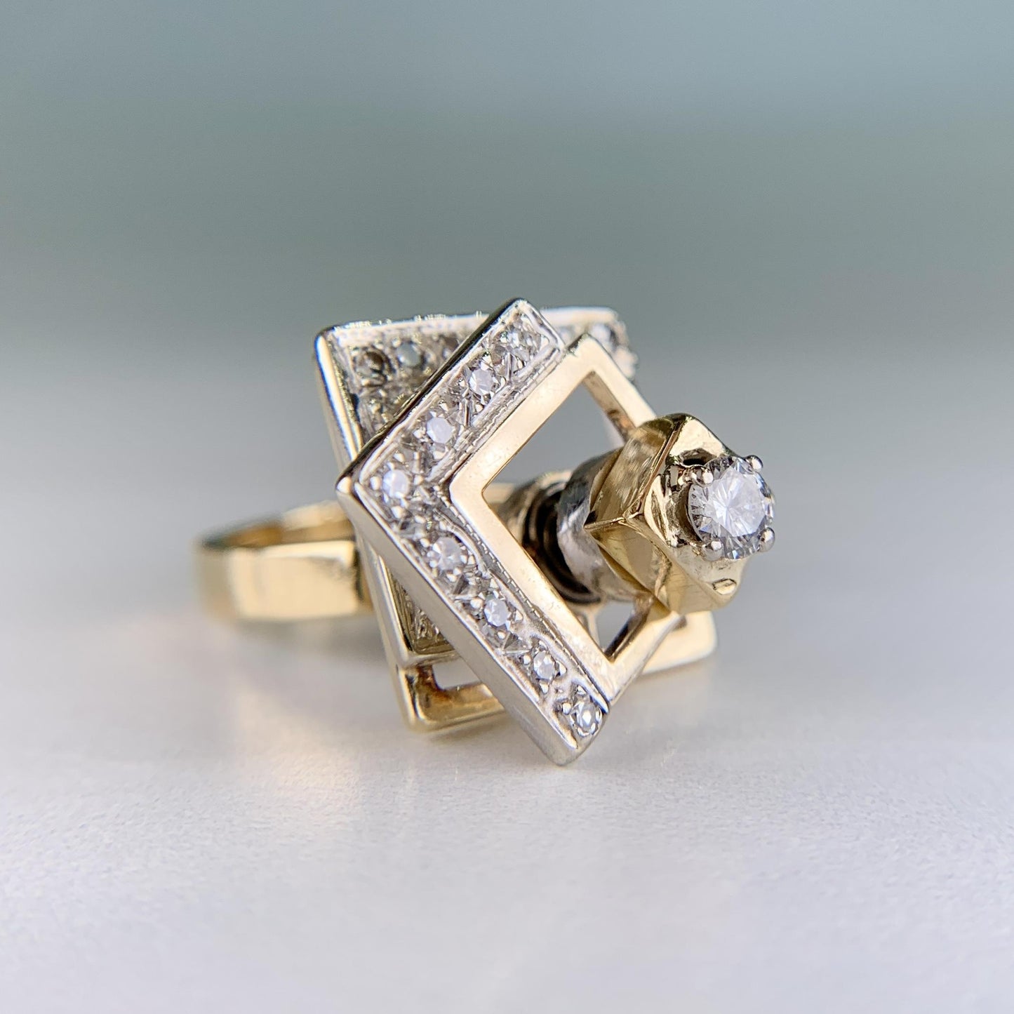 1975 Norman Teufel Kinetic Diamond Spinner Ring 14k Gold