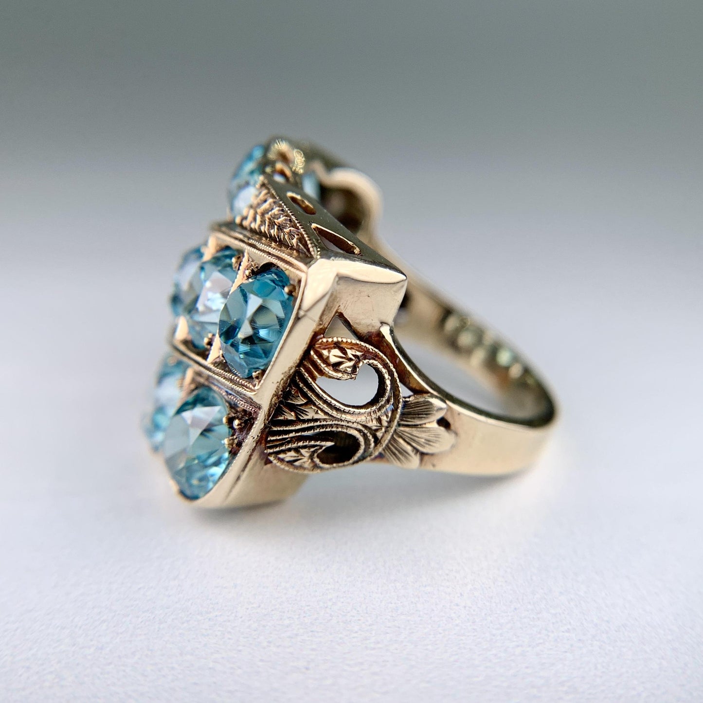 Vintage Old European Blue Zircon Statement Ring 10k Gold