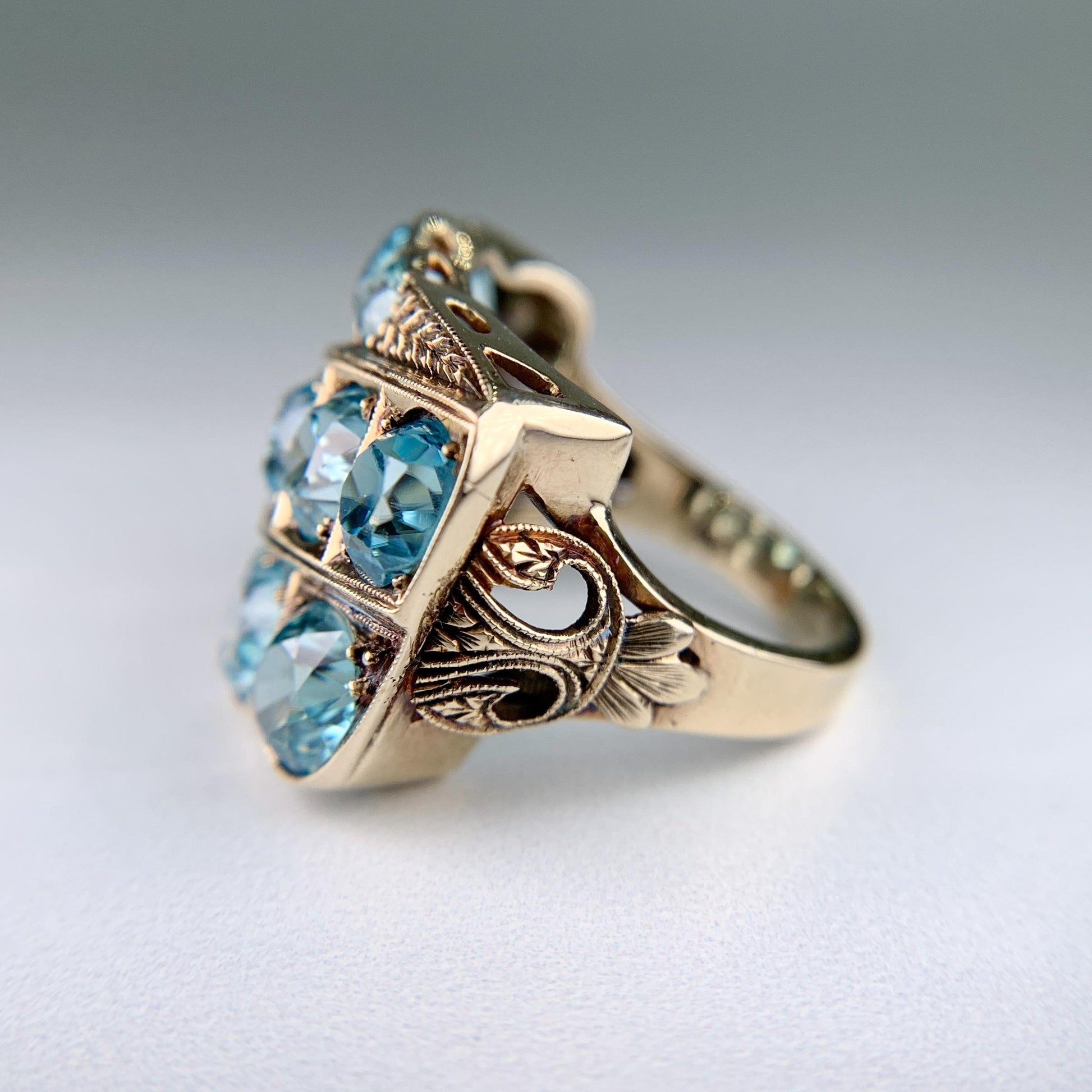 Vintage Old European Blue Zircon Statement Ring 10k Gold