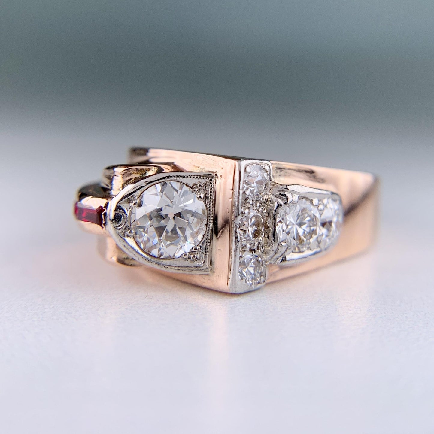 1950's Retro Old European Cut Diamond and Ruby Ring 14k Rose Gold