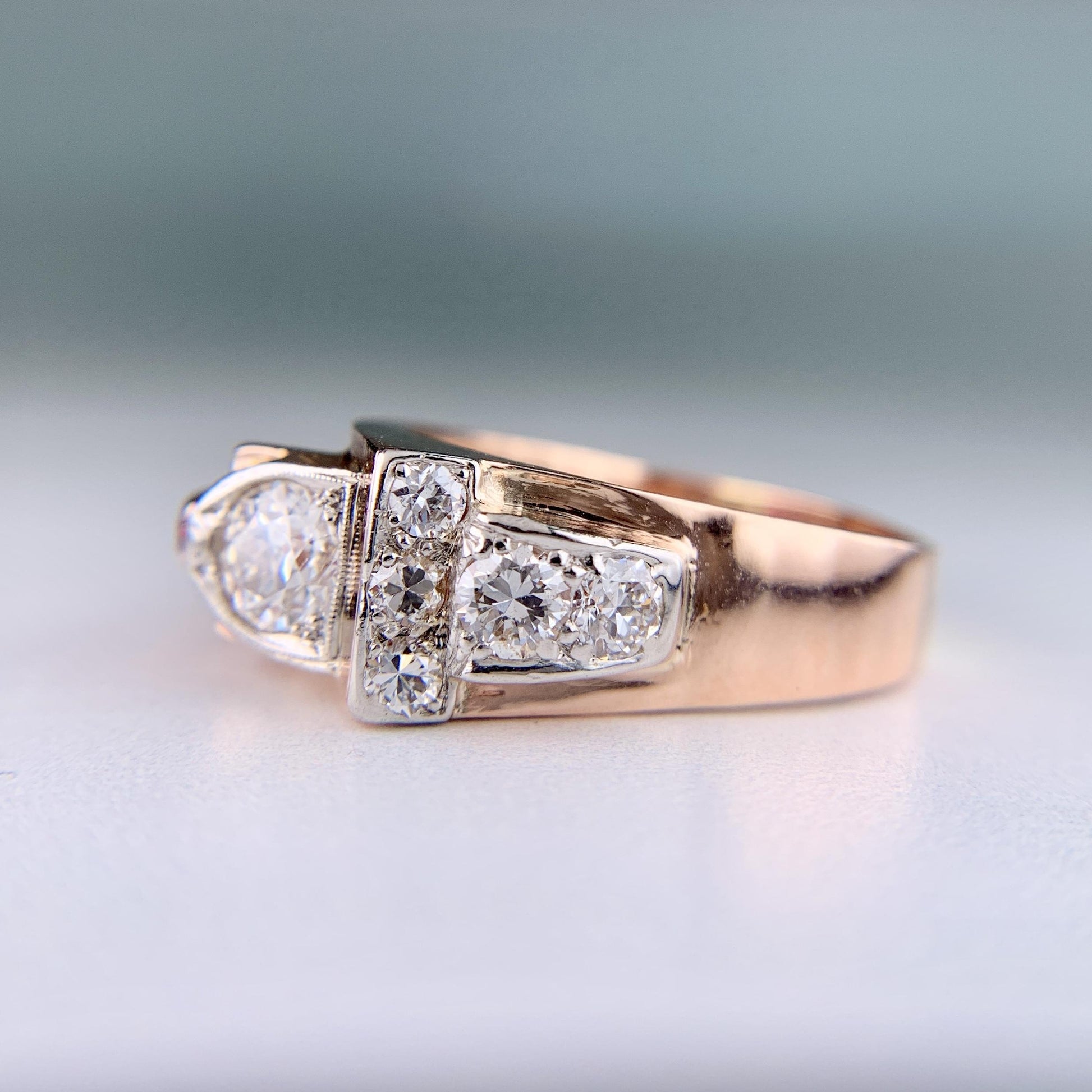 1950's Retro Old European Cut Diamond and Ruby Ring 14k Rose Gold