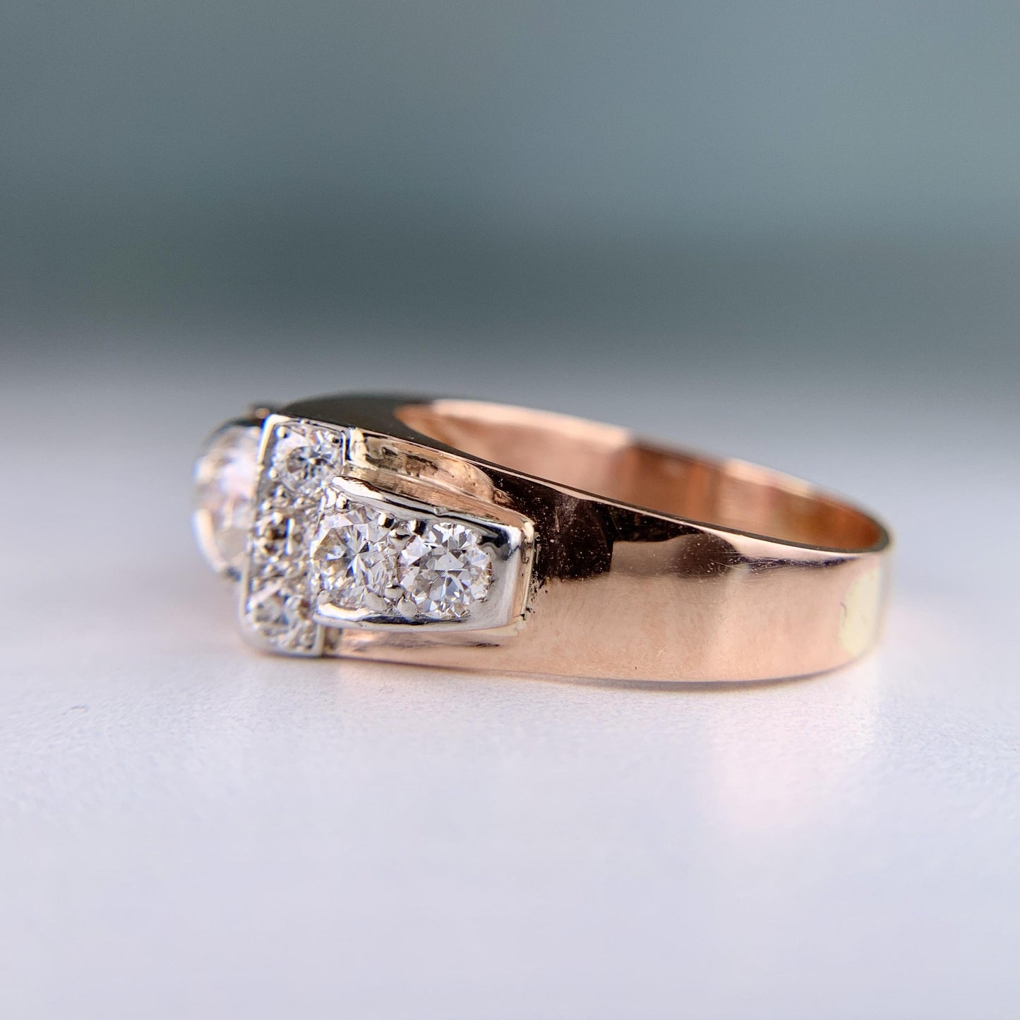 1950's Retro Old European Cut Diamond and Ruby Ring 14k Rose Gold