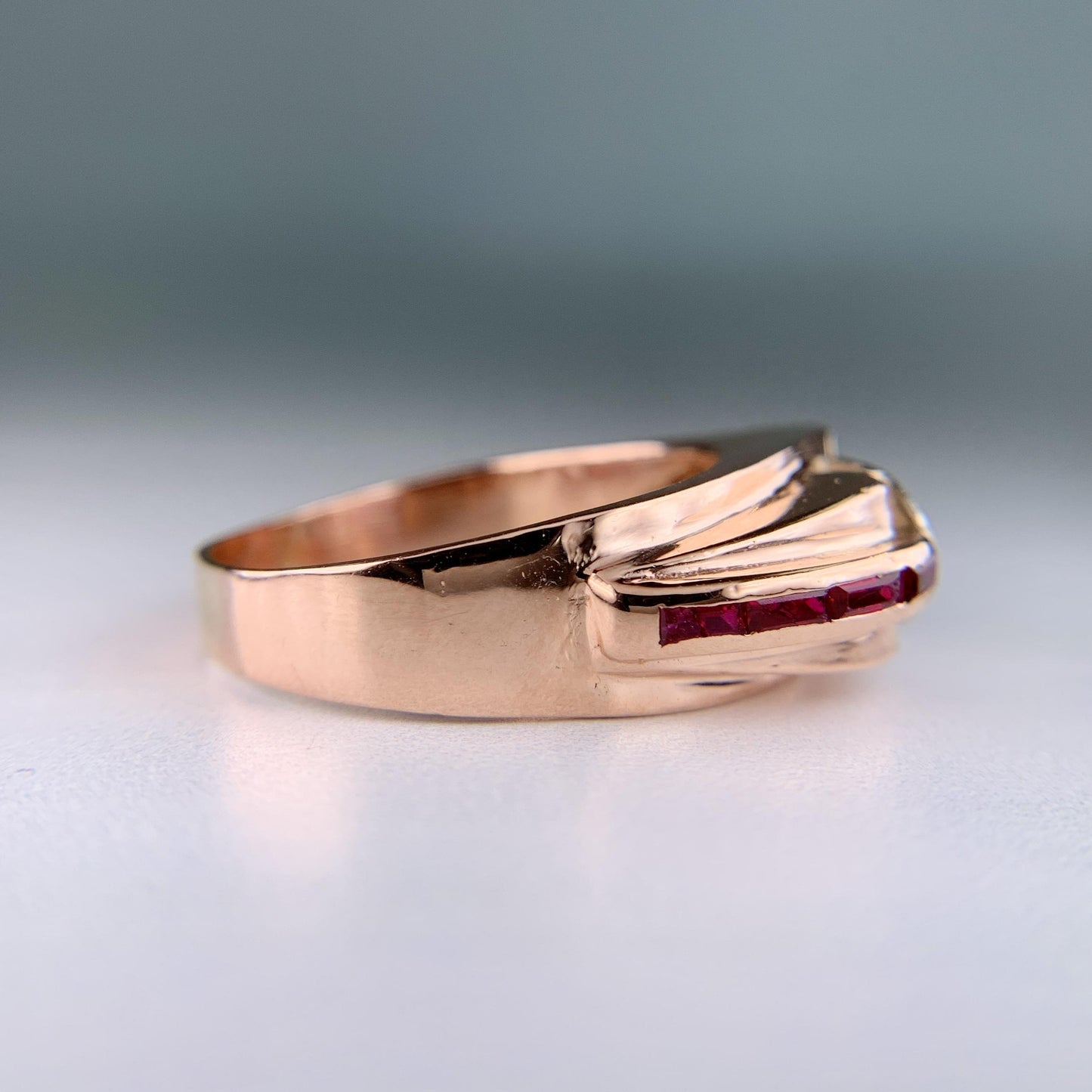 1950's Retro Old European Cut Diamond and Ruby Ring 14k Rose Gold