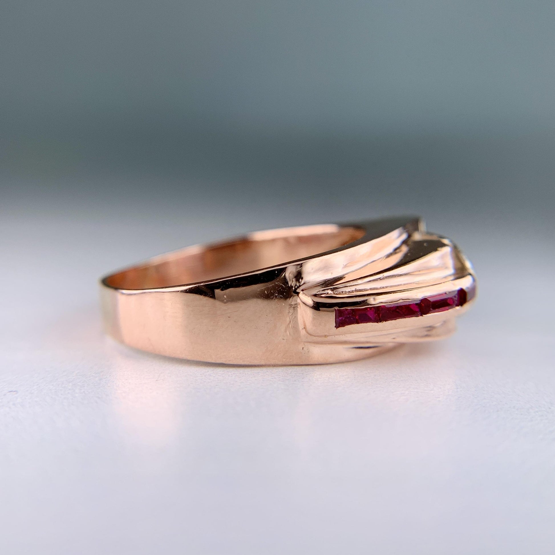 1950's Retro Old European Cut Diamond and Ruby Ring 14k Rose Gold