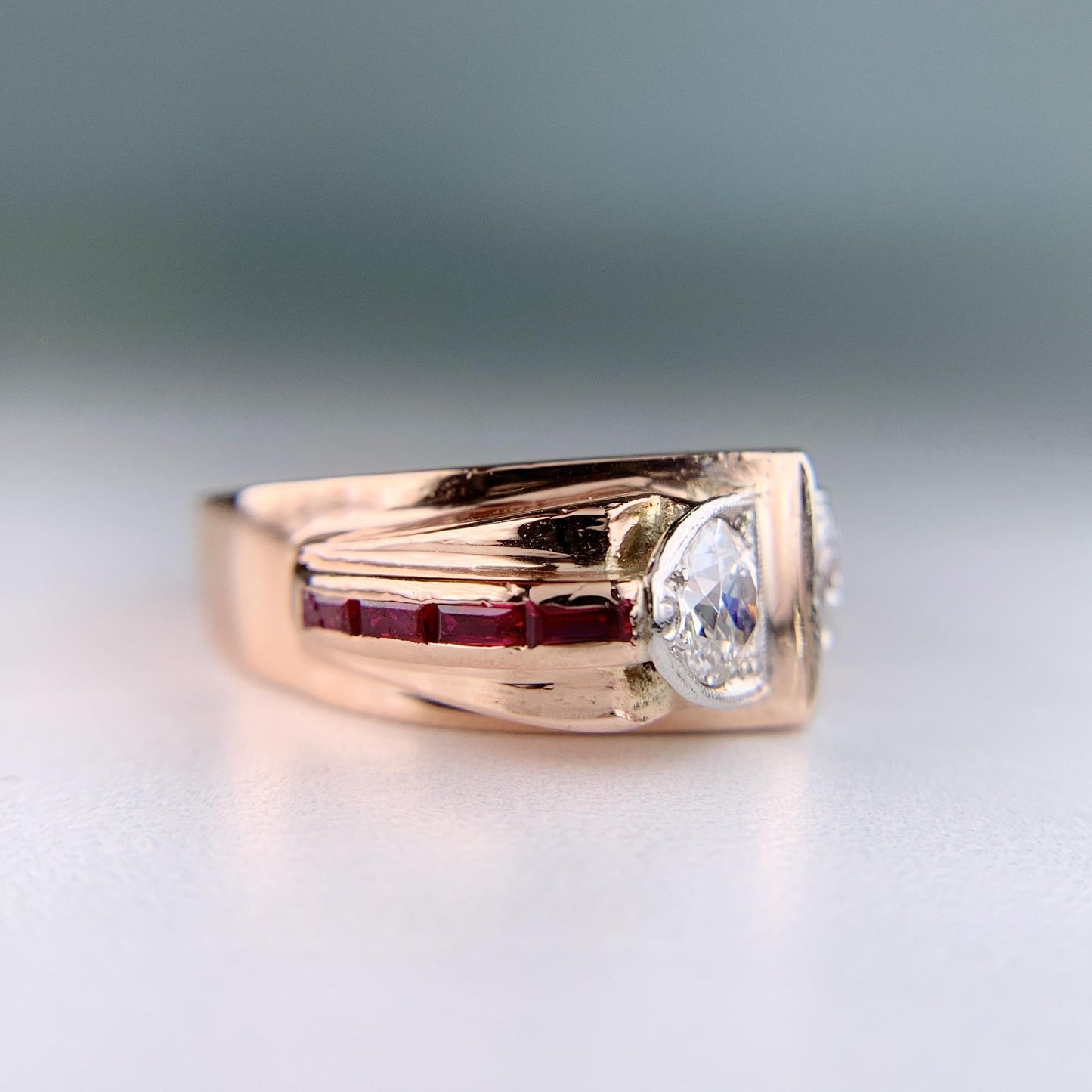 1950's Retro Old European Cut Diamond and Ruby Ring 14k Rose Gold