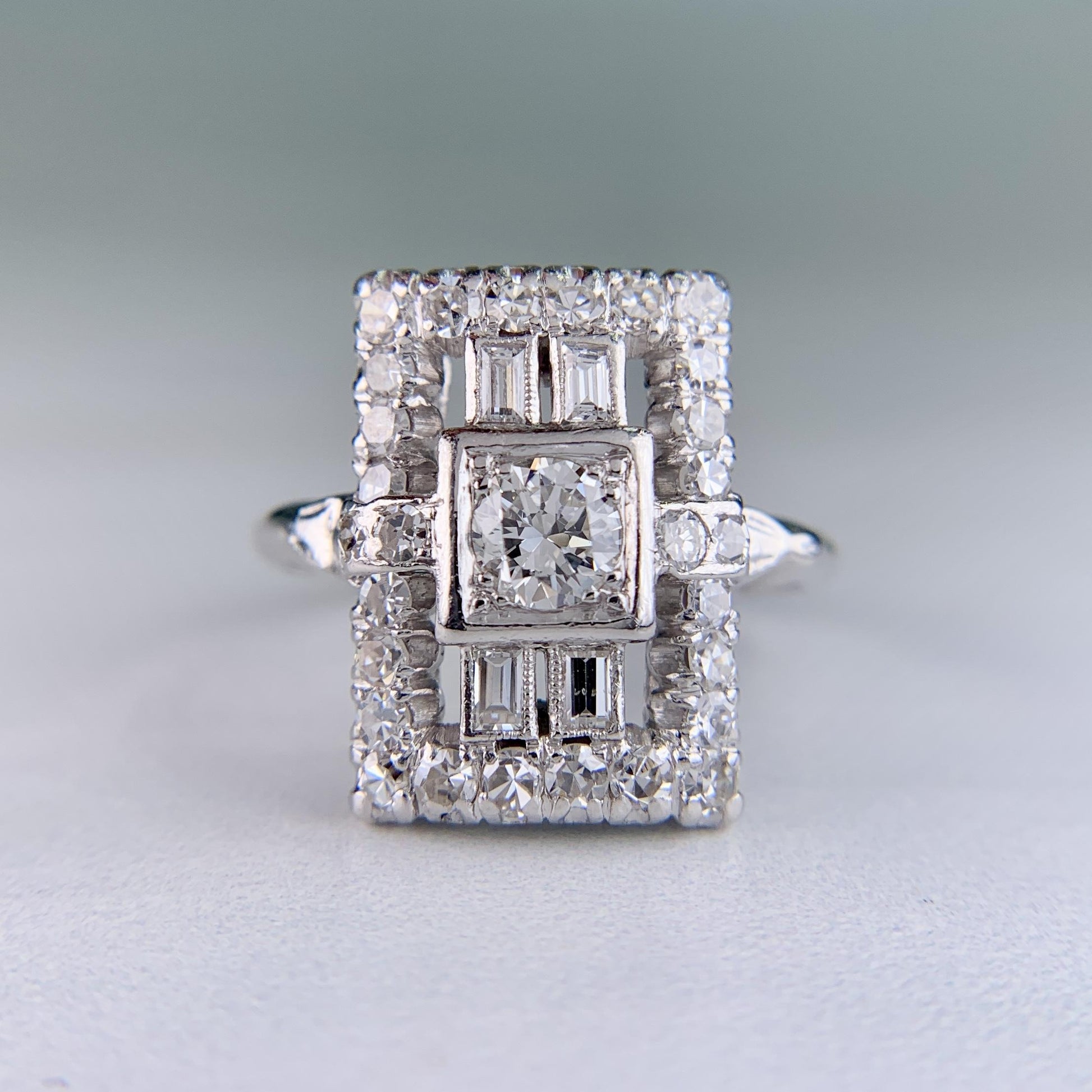 Art Deco Old Cut Diamond Panel Shield Ring Platinum