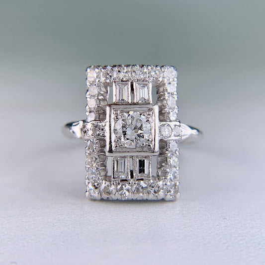 Art Deco Old Cut Diamond Panel Shield Ring Platinum