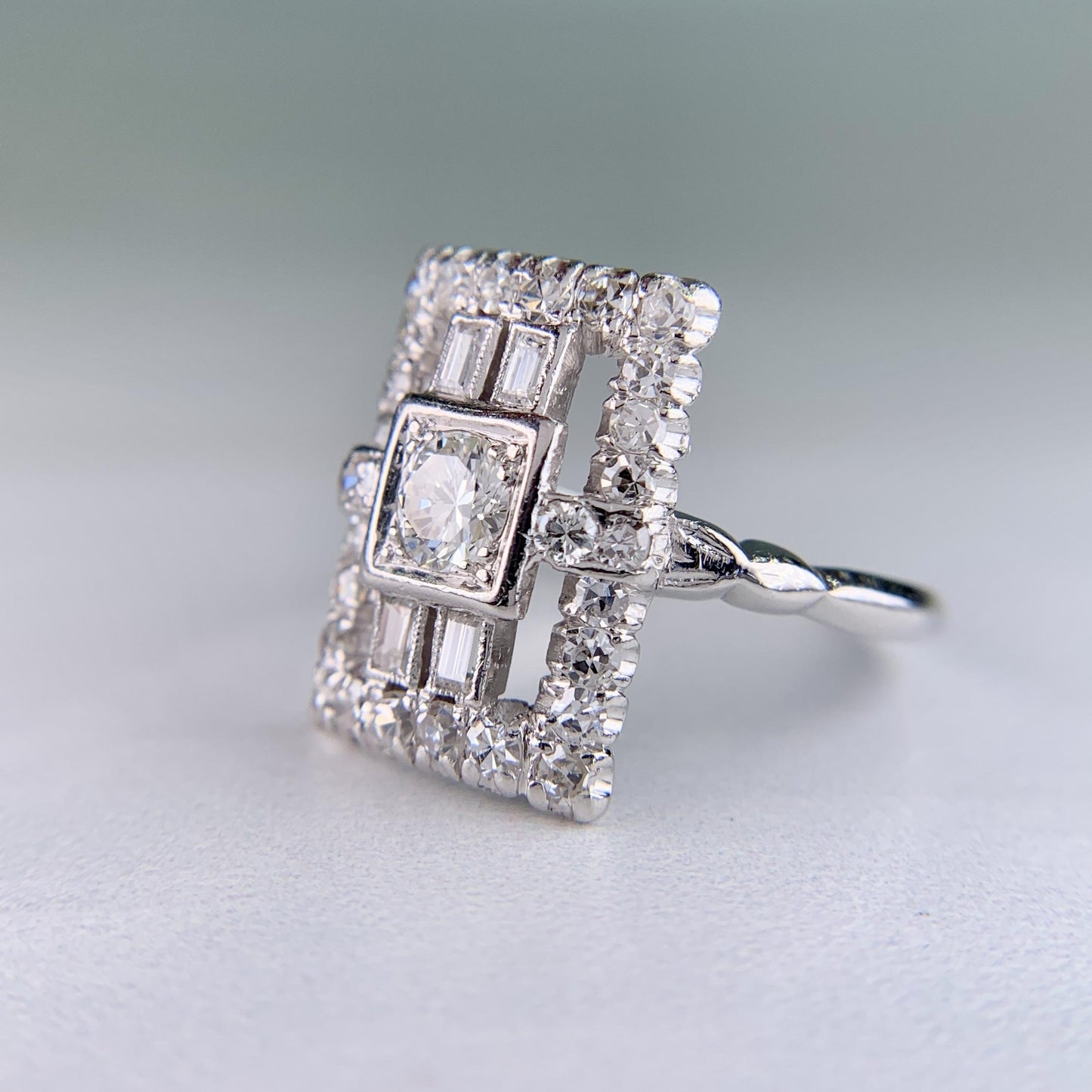 Art Deco Old Cut Diamond Panel Shield Ring Platinum