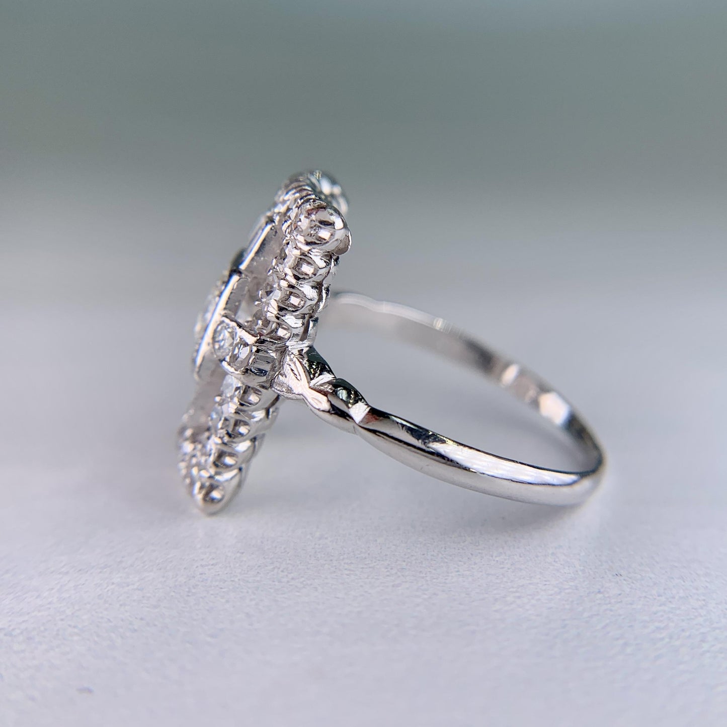 Art Deco Old Cut Diamond Panel Shield Ring Platinum