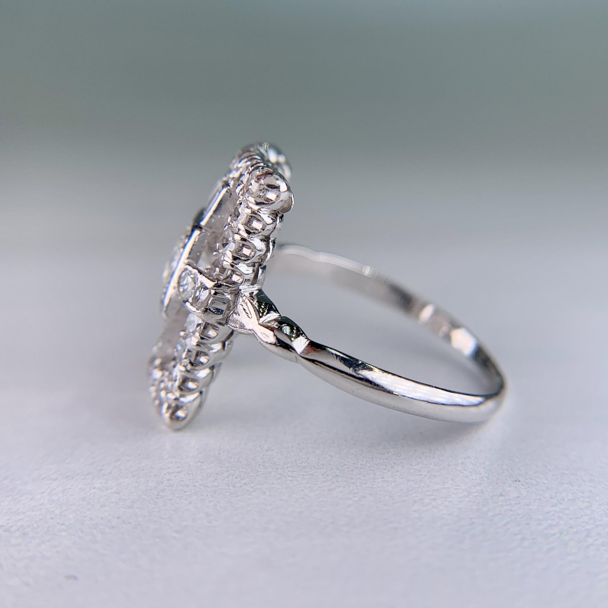 Art Deco Old Cut Diamond Panel Shield Ring Platinum
