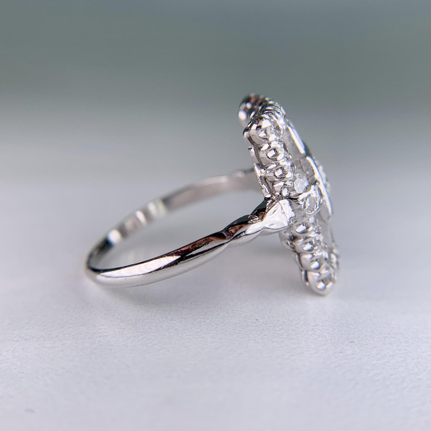 Art Deco Old Cut Diamond Panel Shield Ring Platinum