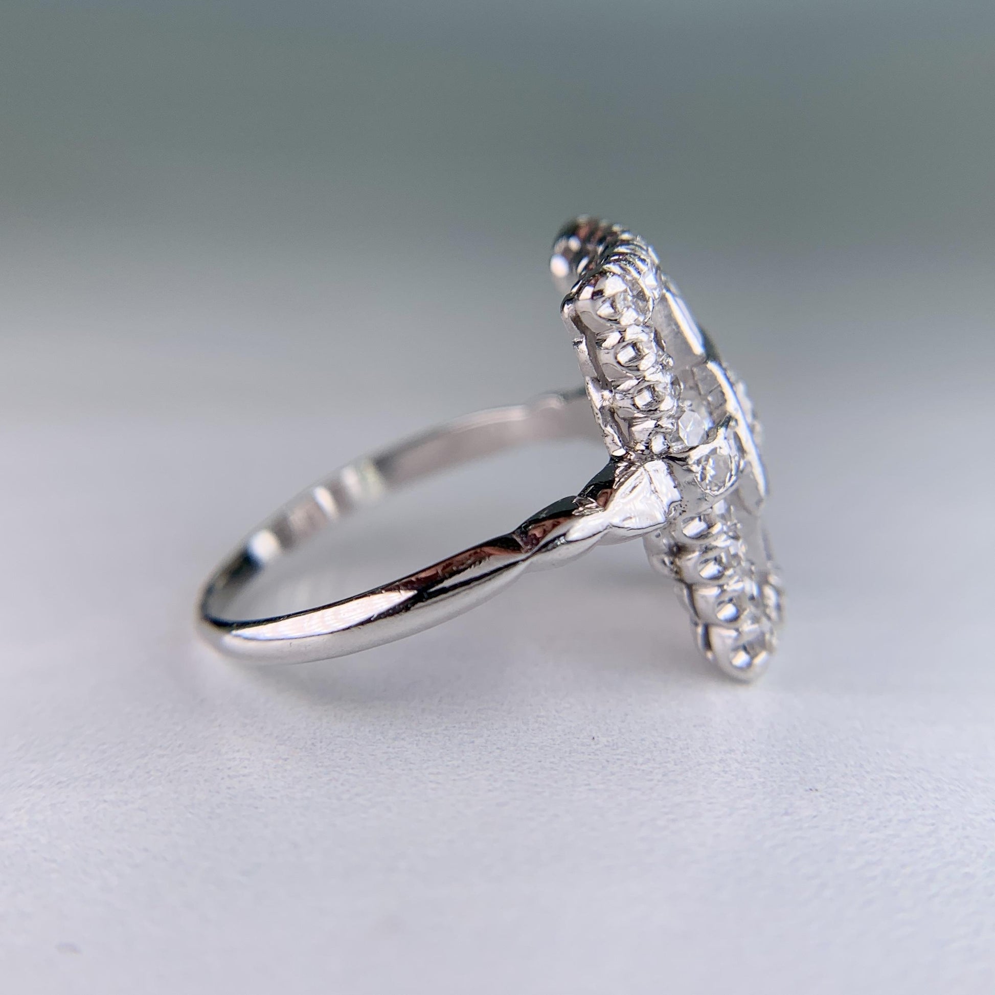 Art Deco Old Cut Diamond Panel Shield Ring Platinum