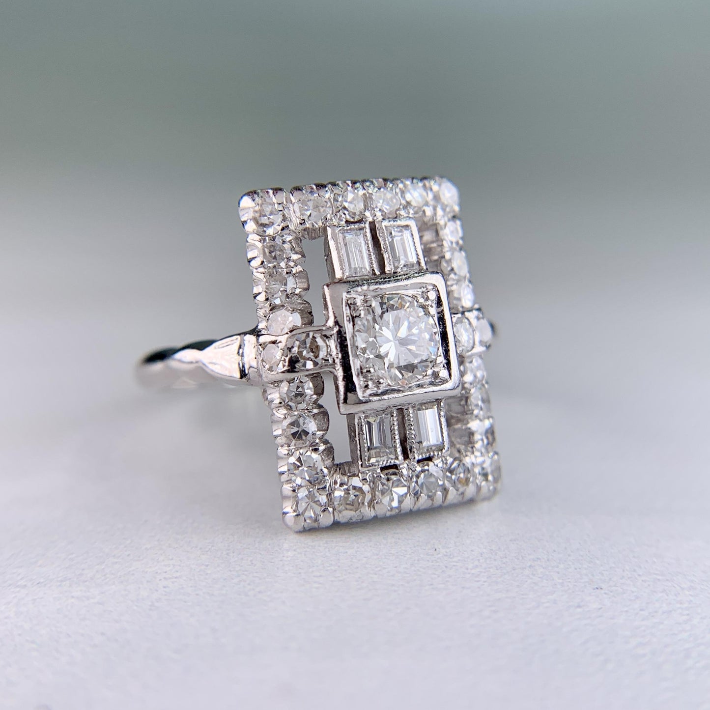 Art Deco Old Cut Diamond Panel Shield Ring Platinum