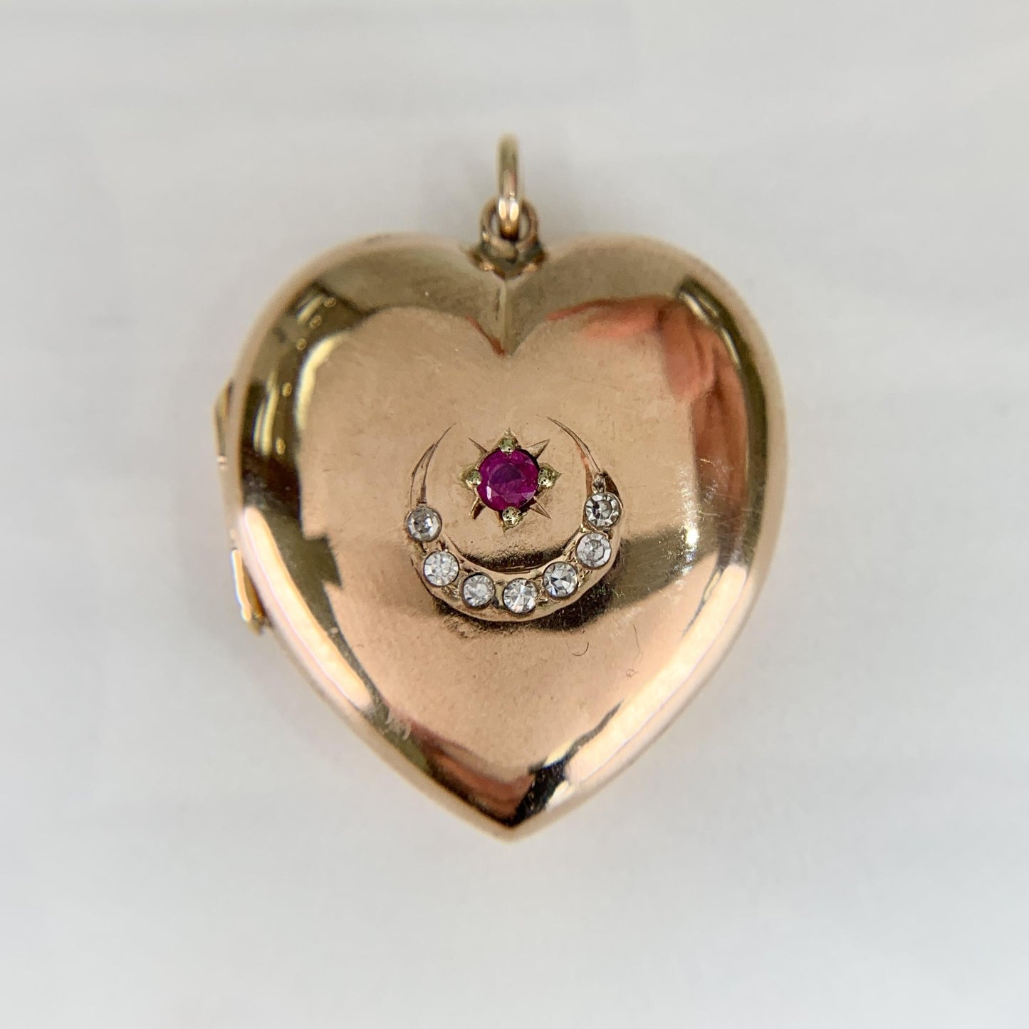 Antique 1908 Ruby and Diamond Sun & Crescent Moon Heart Locket Pendant 9k Gold