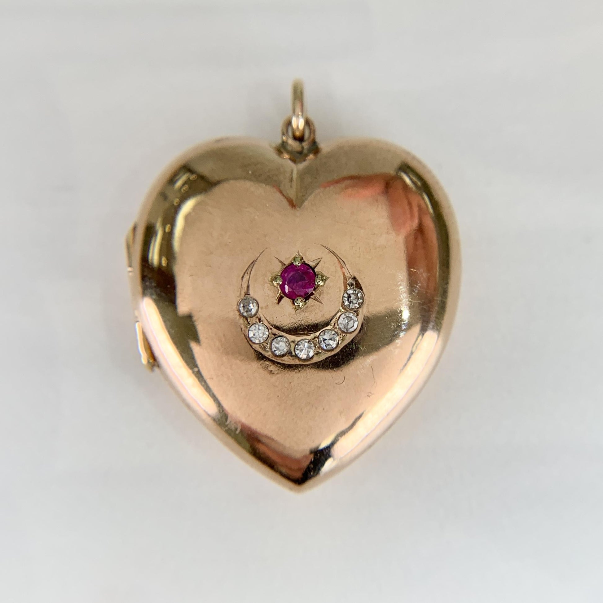 Antique 1908 Ruby and Diamond Sun & Crescent Moon Heart Locket Pendant 9k Gold