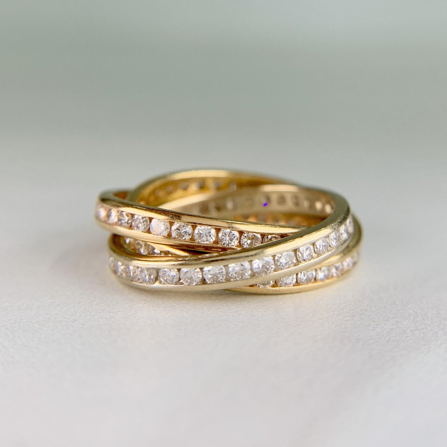 Diamond Eternity Tri-Gold Rolling Band Rings 18k Gold