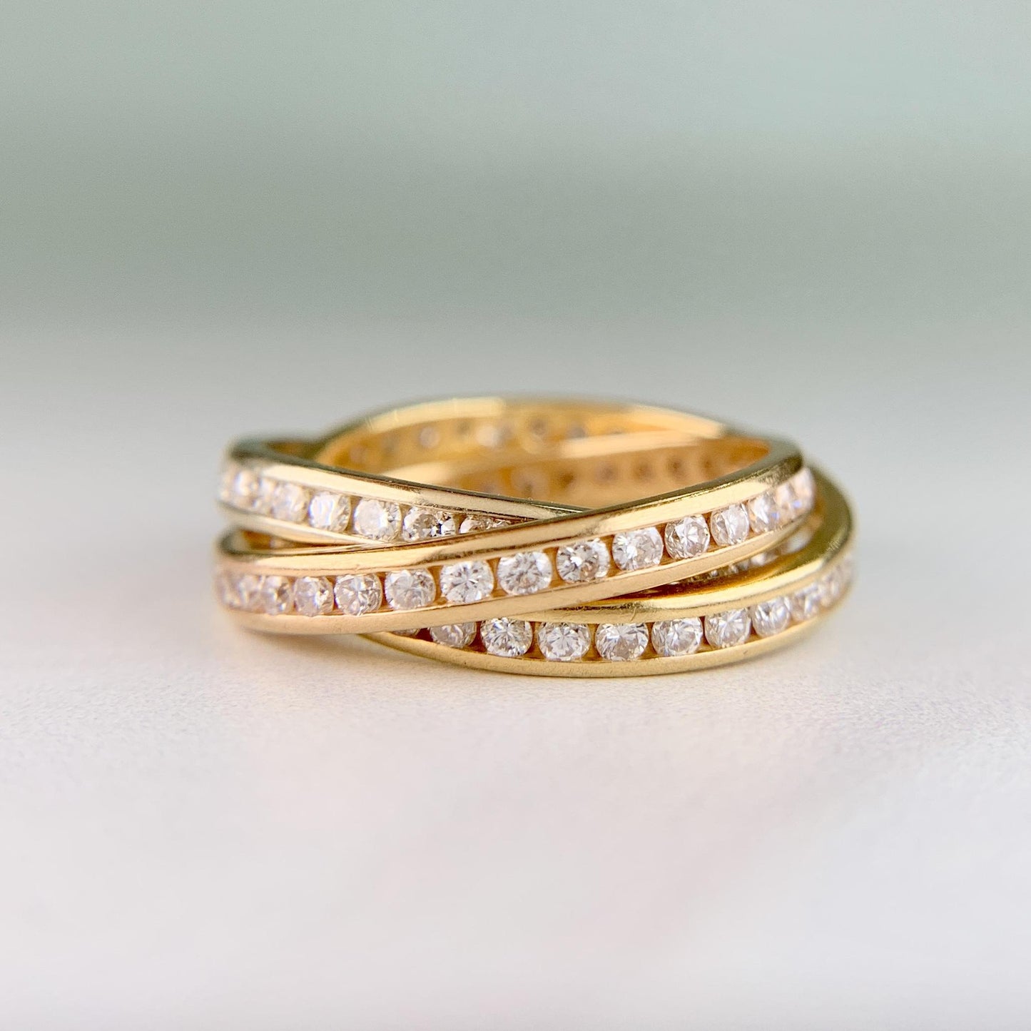 Diamond Eternity Tri-Gold Rolling Band Rings 18k Gold