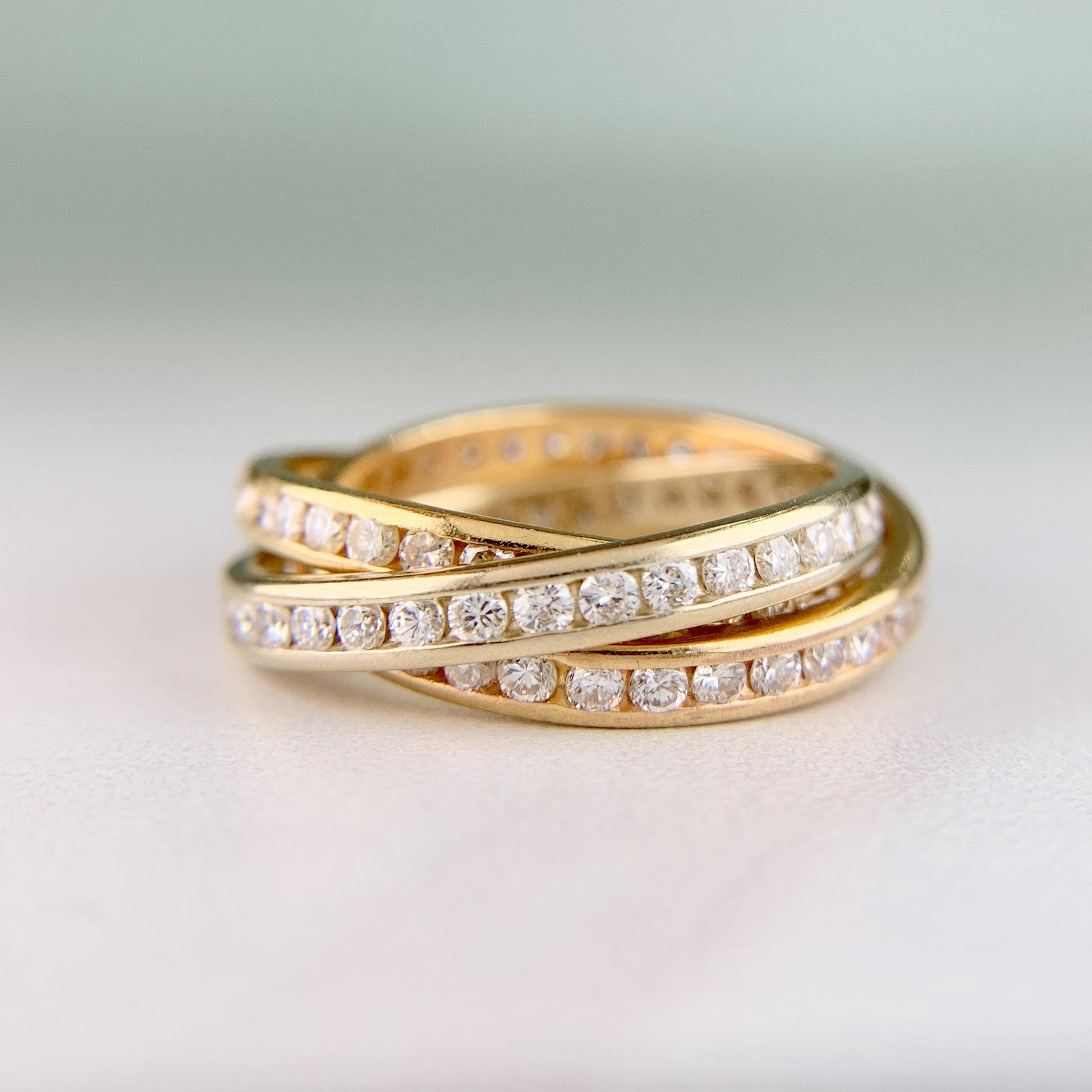 Diamond Eternity Tri-Gold Rolling Band Rings 18k Gold