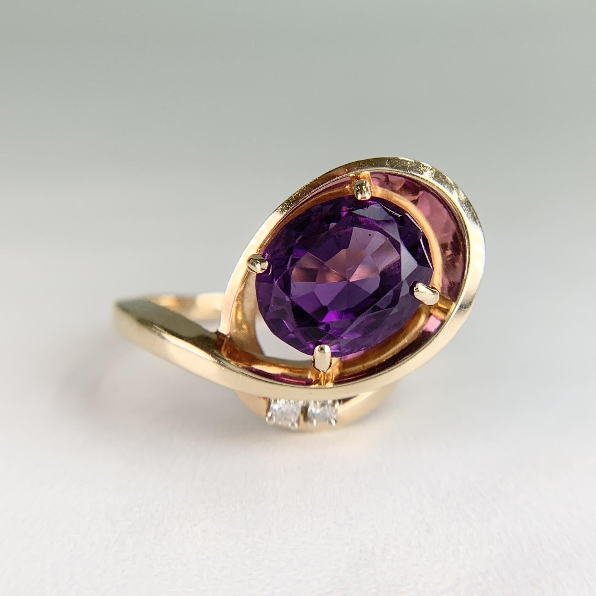 Vintage Amethyst and Diamond Modernist Bypass Swirl Ring 14k Yellow Gold