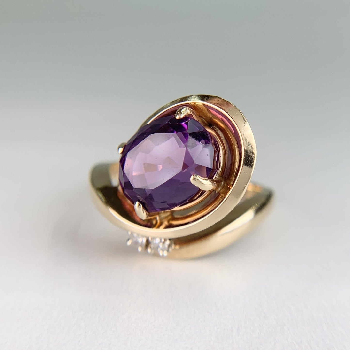 Vintage Amethyst and Diamond Modernist Bypass Swirl Ring 14k Yellow Gold