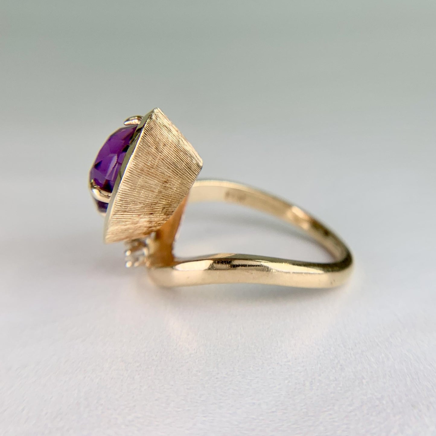 Vintage Amethyst and Diamond Modernist Bypass Swirl Ring 14k Yellow Gold