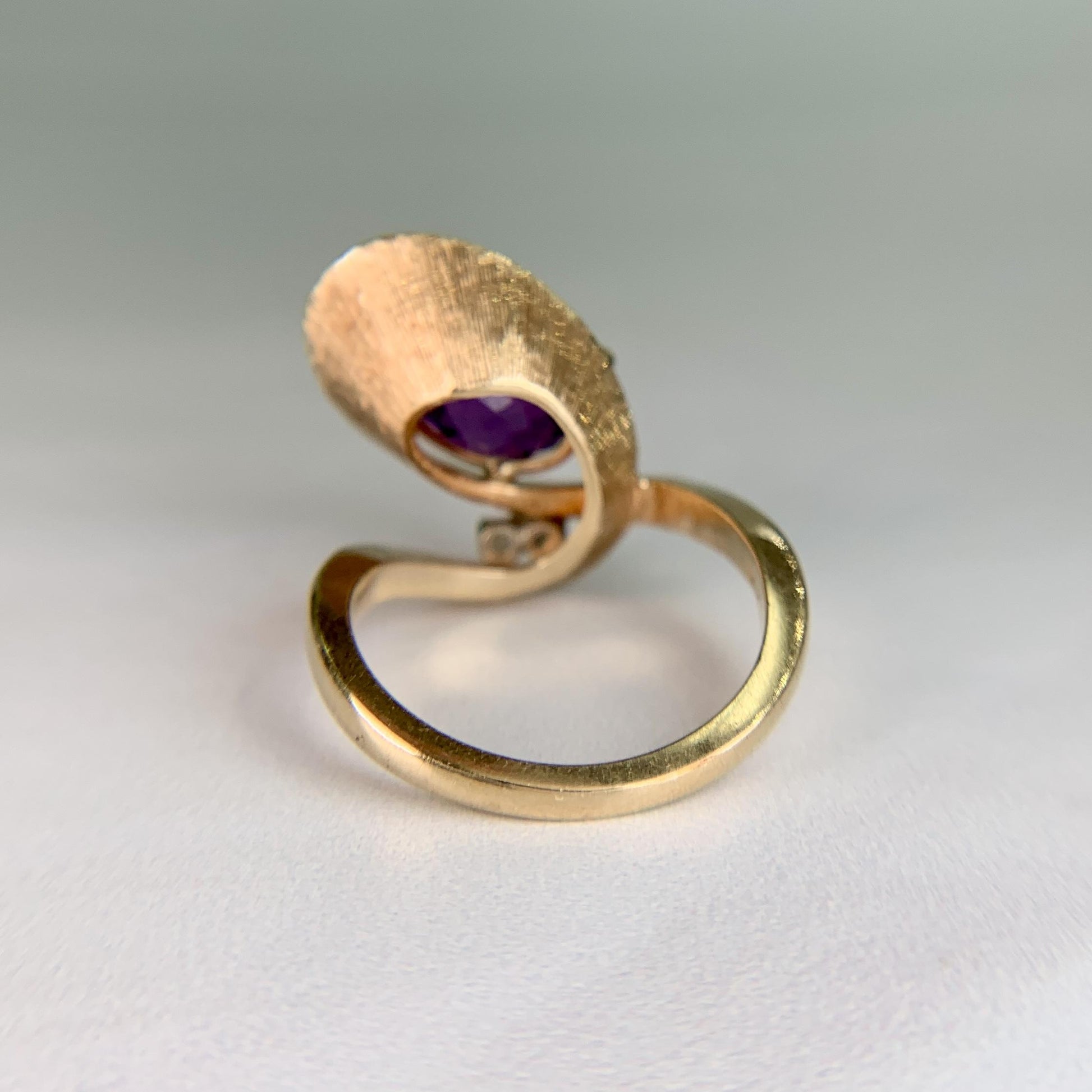 Vintage Amethyst and Diamond Modernist Bypass Swirl Ring 14k Yellow Gold