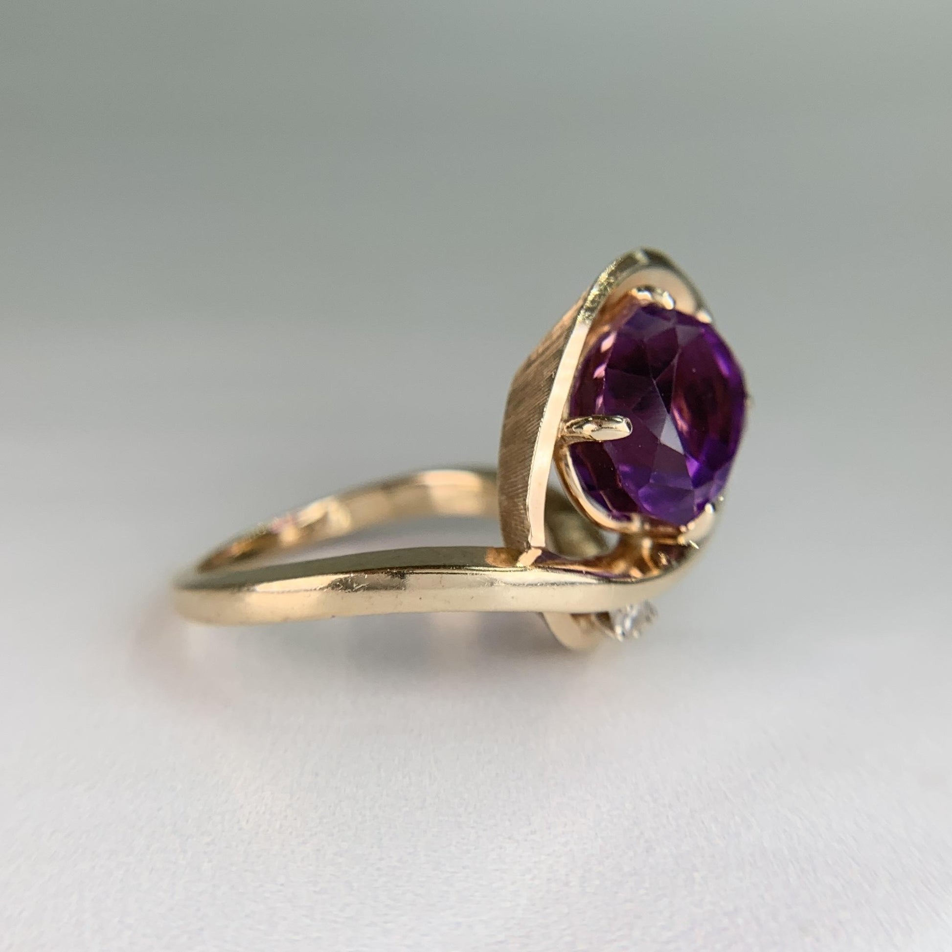 Vintage Amethyst and Diamond Modernist Bypass Swirl Ring 14k Yellow Gold