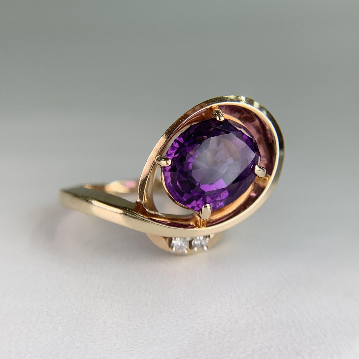 Vintage Amethyst and Diamond Modernist Bypass Swirl Ring 14k Yellow Gold