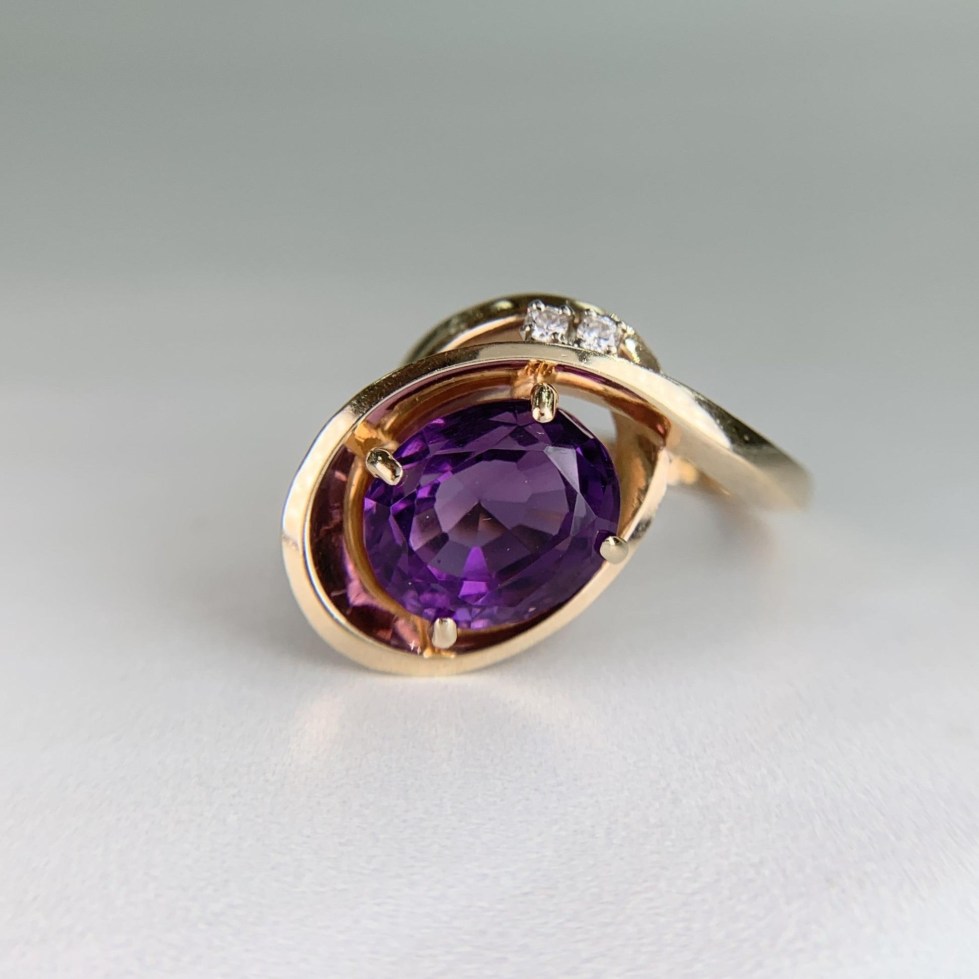 Vintage Amethyst and Diamond Modernist Bypass Swirl Ring 14k Yellow Gold