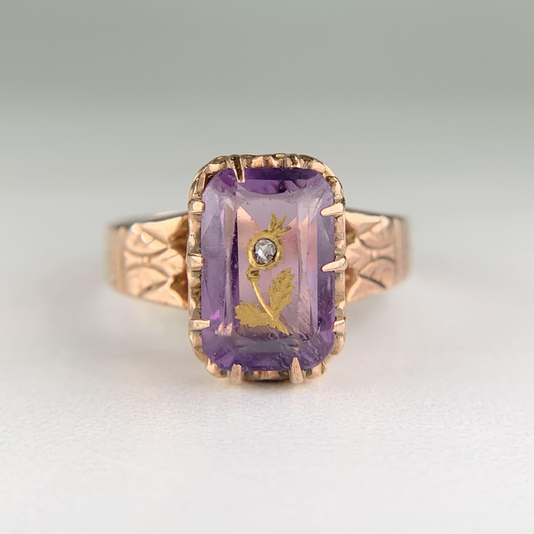 Antique Victorian Rose of Sharon Amethyst Diamond Ring 10k Gold