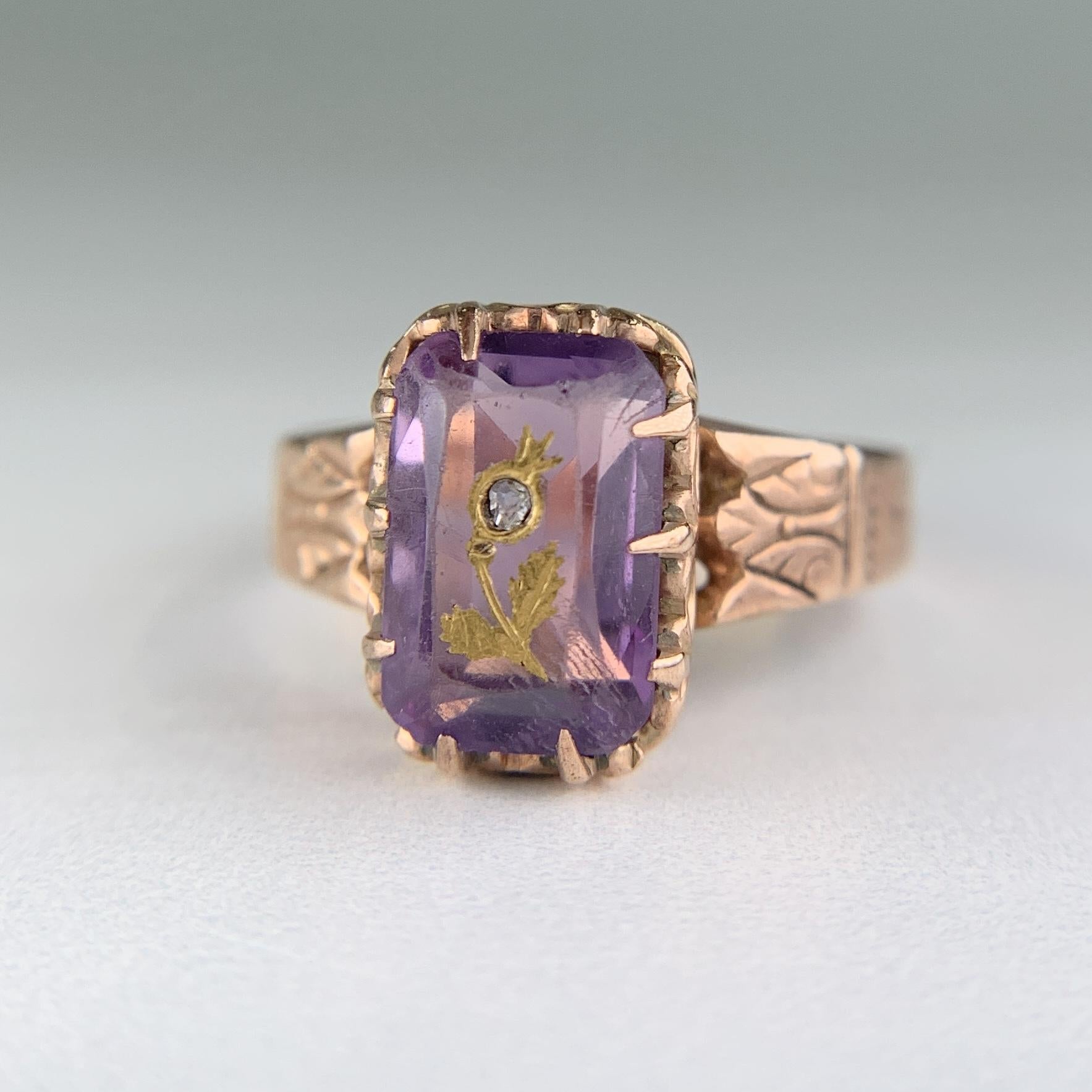 Antique Victorian Rose of Sharon Amethyst Diamond Ring 10k Gold